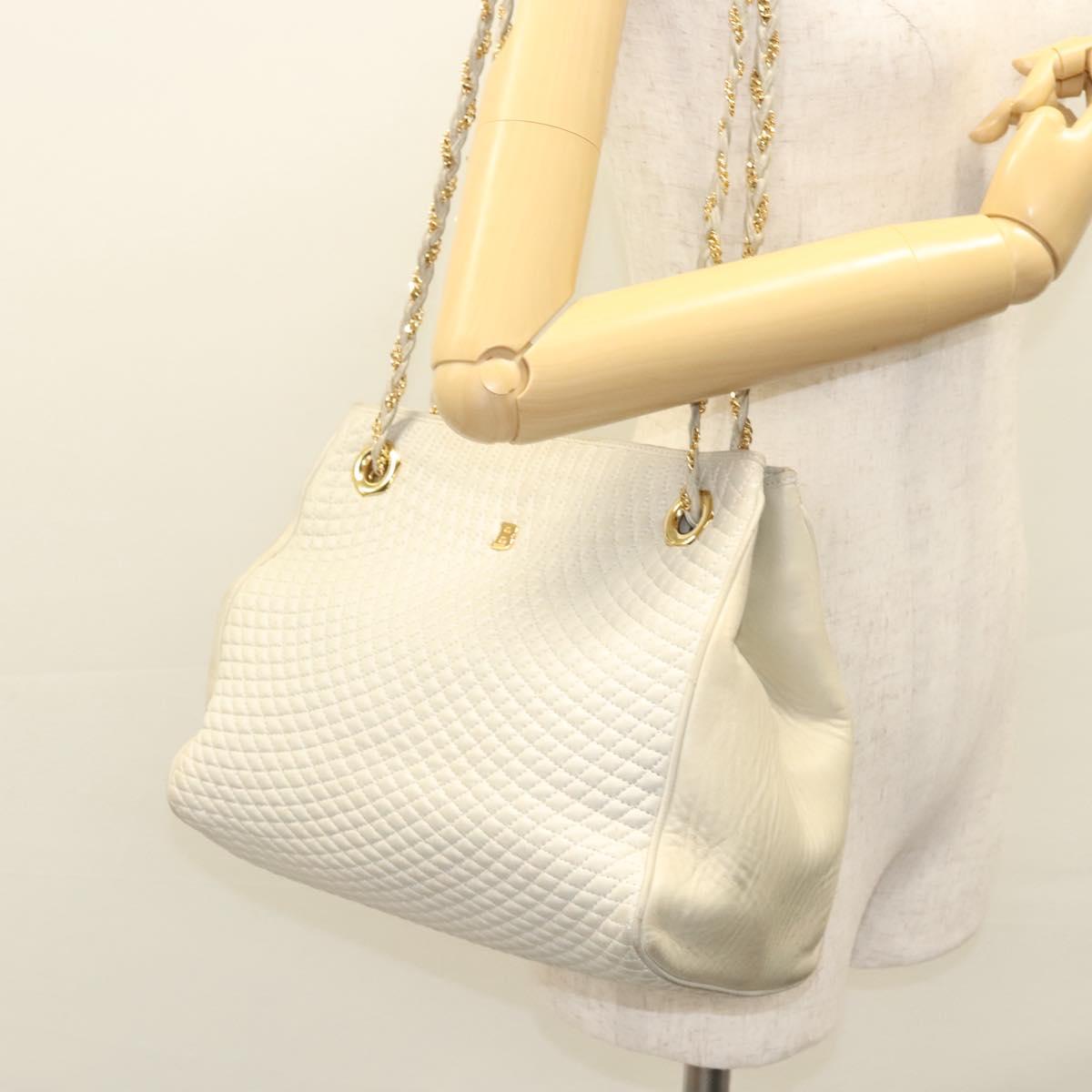 BALLY Quilted Chain Shoulder Bag Leather Gray Gold Auth BA1341