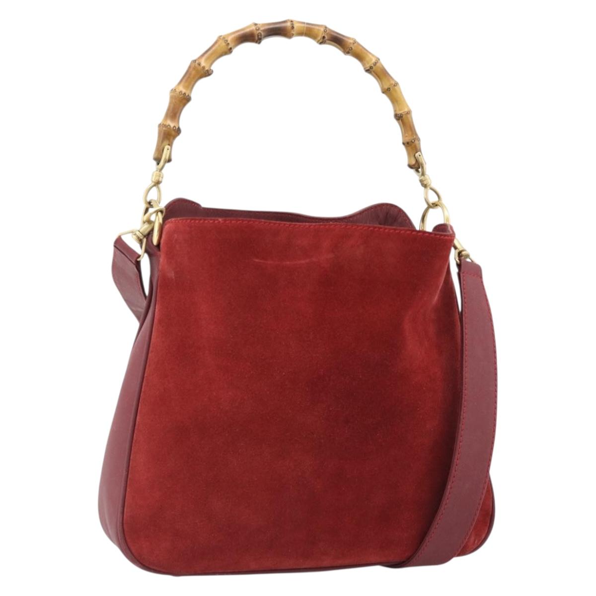 GUCCI Bamboo Hand Bag Suede 2way Red Gold Auth BA13410