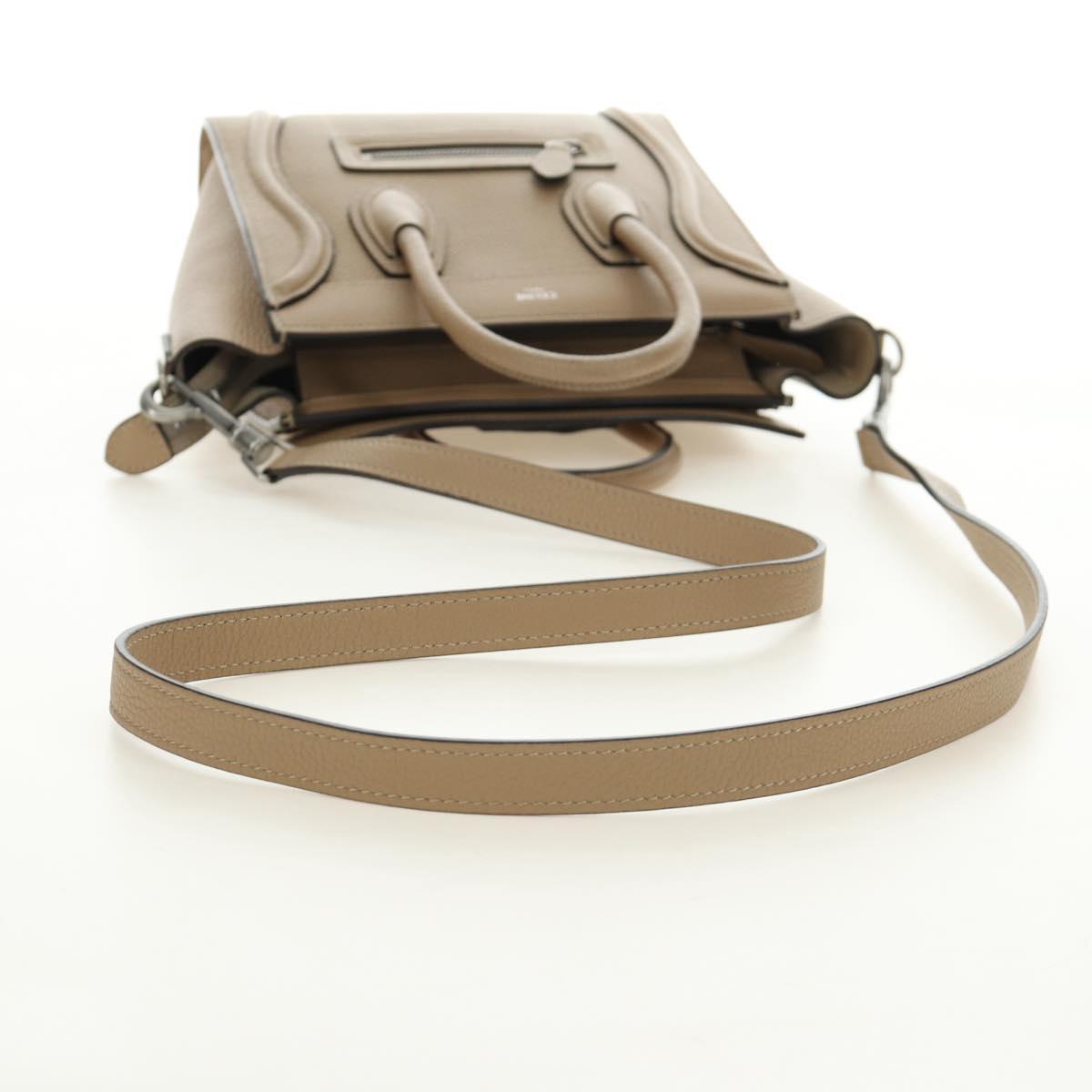 CELINE Luggage Nano Shopper Hand Bag Leather 2way Beige Silver Auth BA13413V