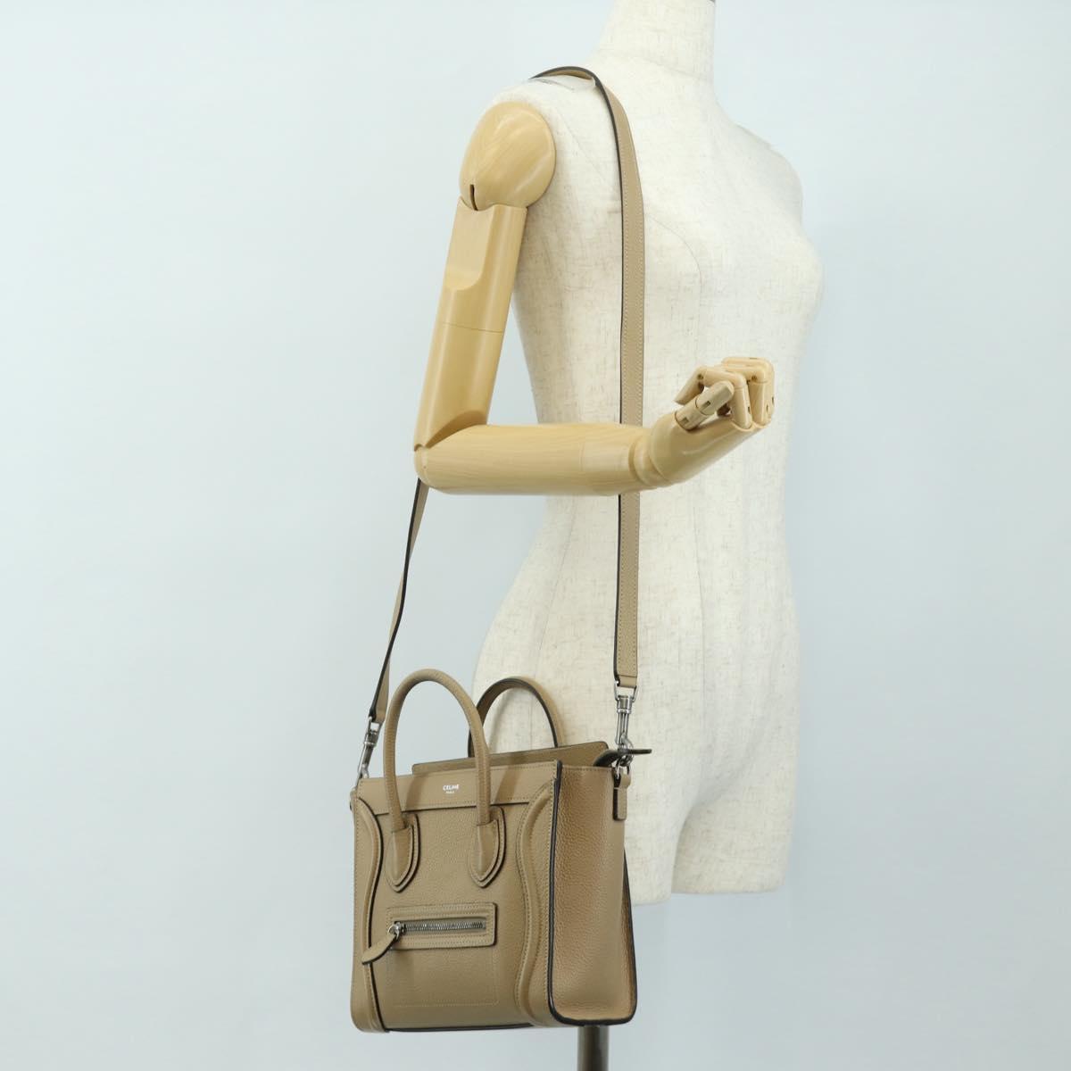 CELINE Luggage Nano Shopper Hand Bag Leather 2way Beige Silver Auth BA13413V