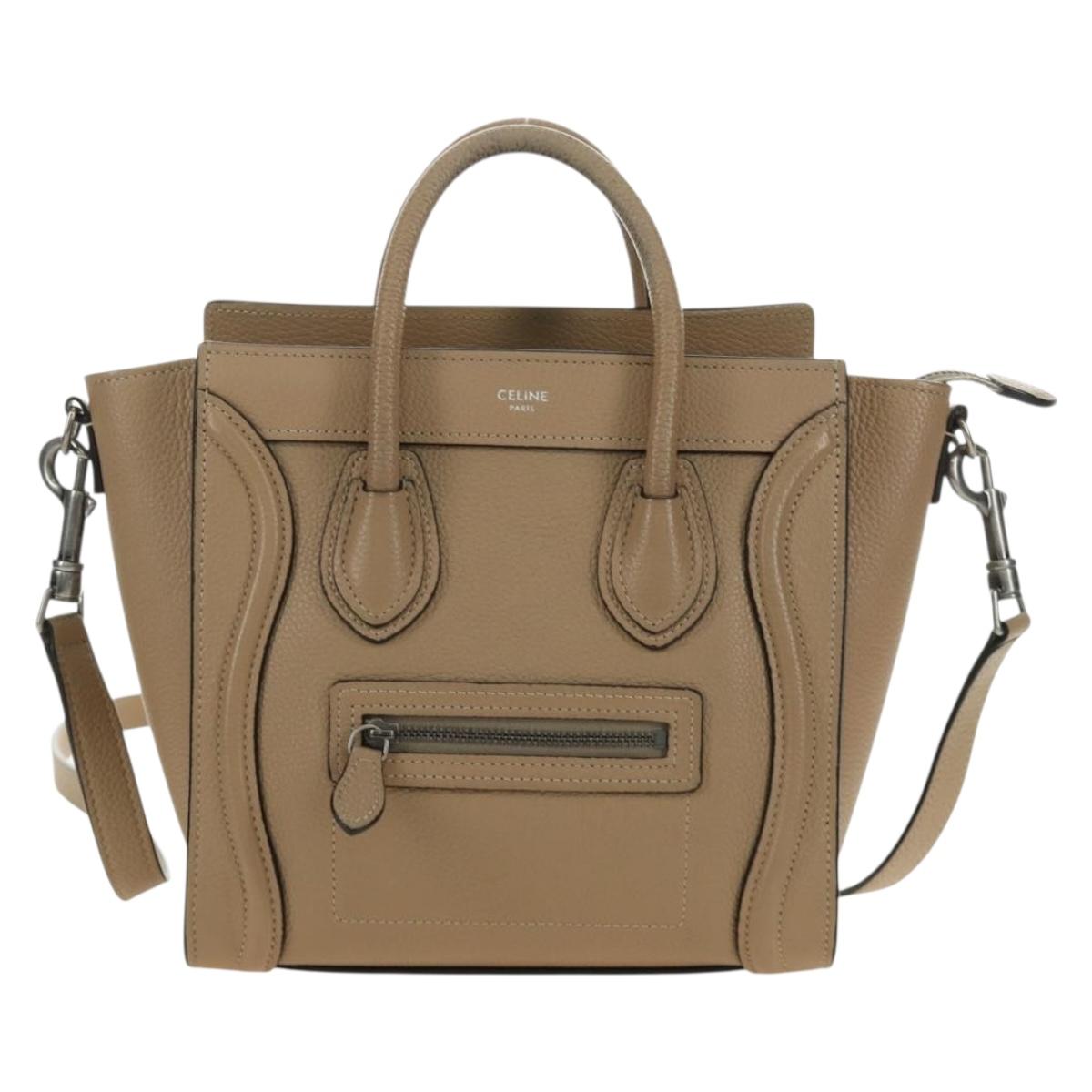 CELINE Luggage Nano Shopper Hand Bag Leather 2way Beige Silver Auth BA13413V