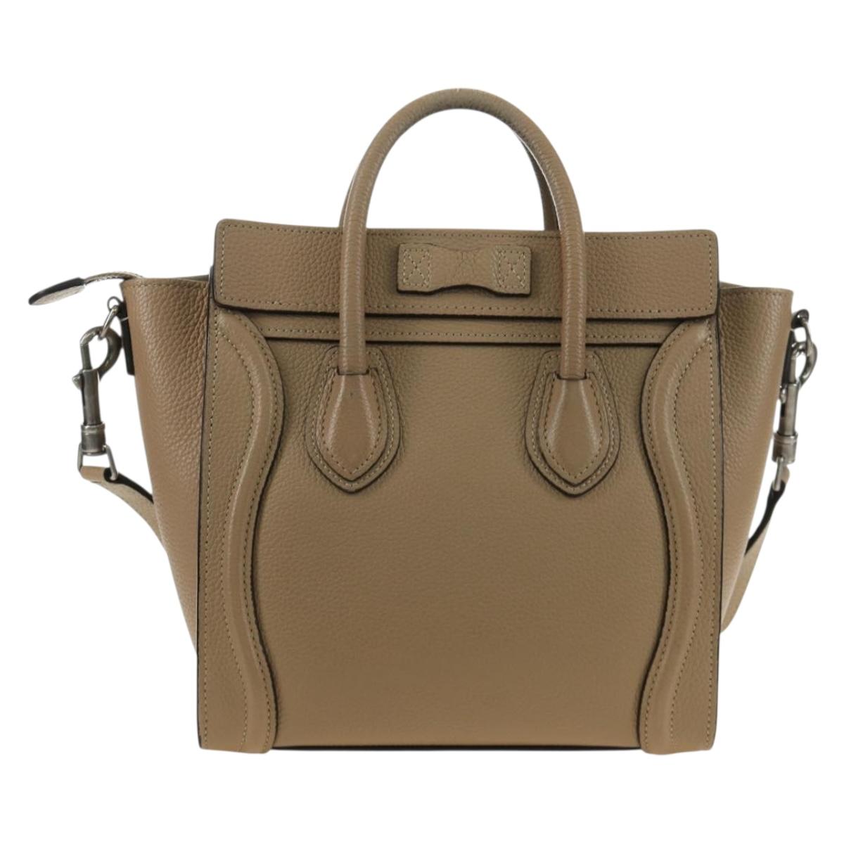 CELINE Luggage Nano Shopper Hand Bag Leather 2way Beige Silver Auth BA13413V