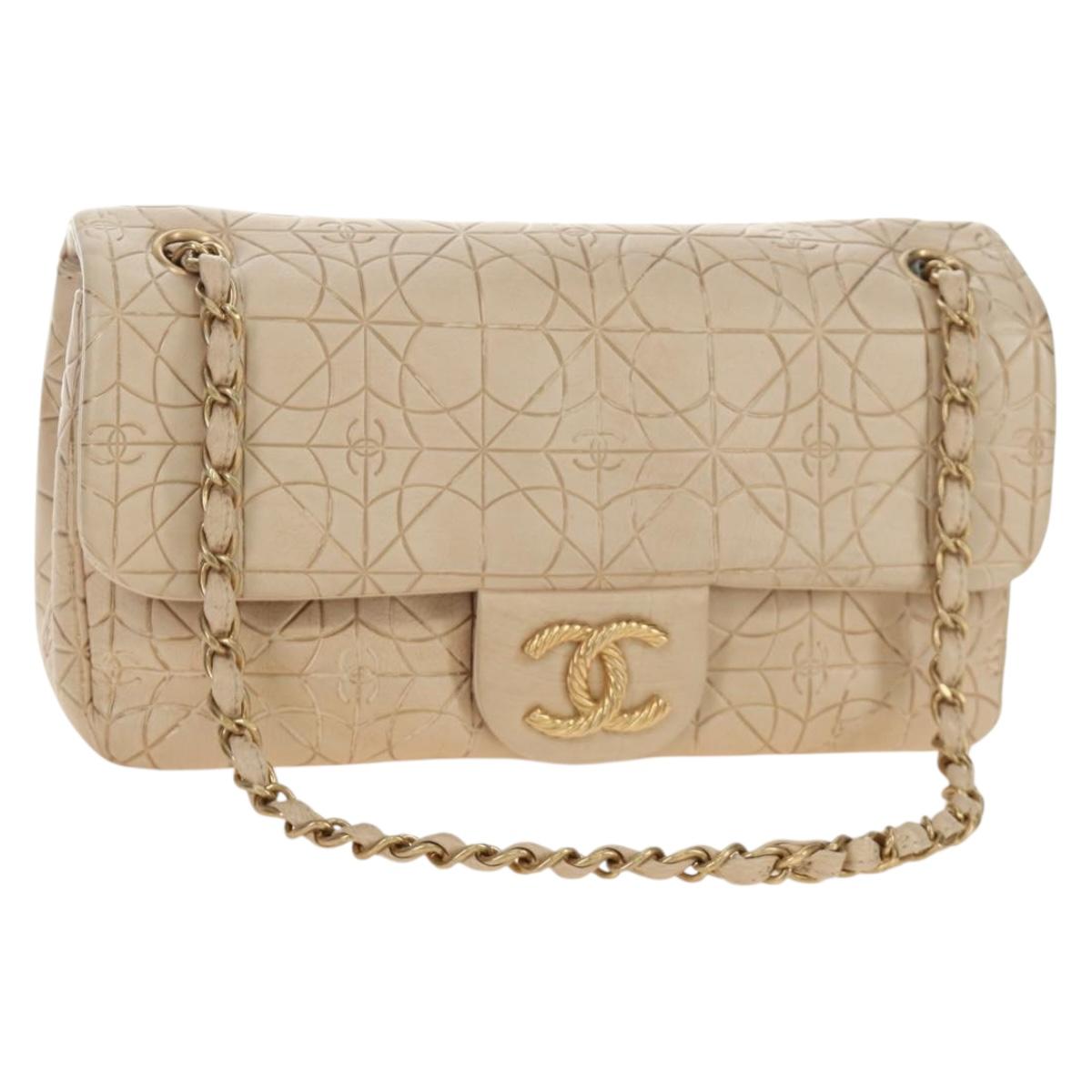 CHANEL Paris Moscou Musique Chain Bag Lamb Skin Beige Gold CC Auth BA13420SM