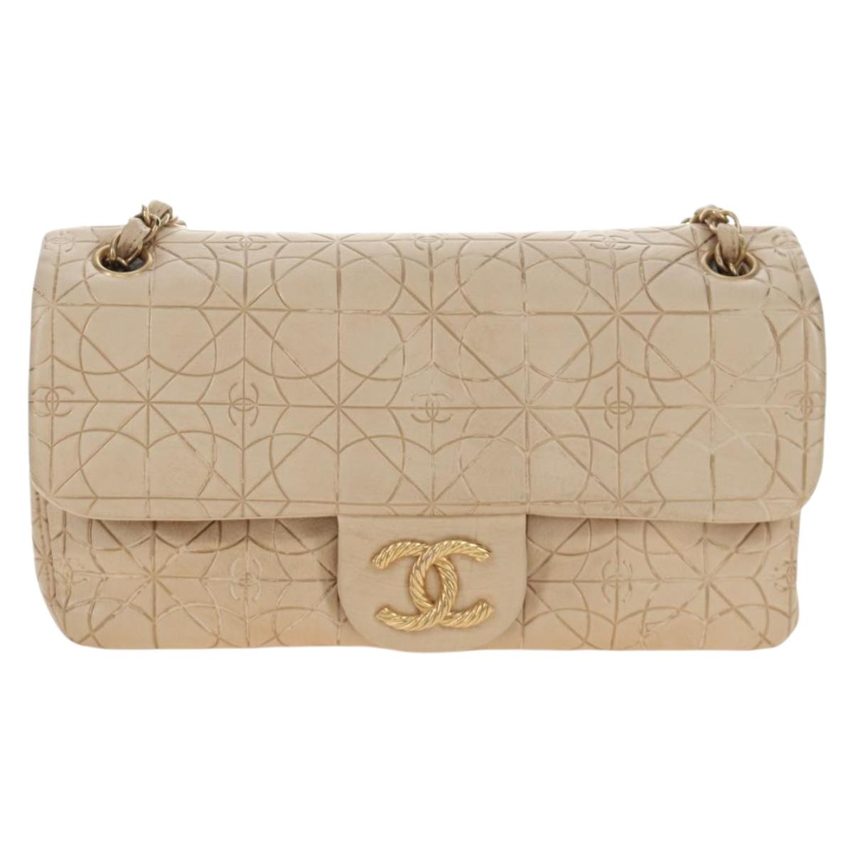 CHANEL Paris Moscou Musique Chain Bag Lamb Skin Beige Gold CC Auth BA13420SM