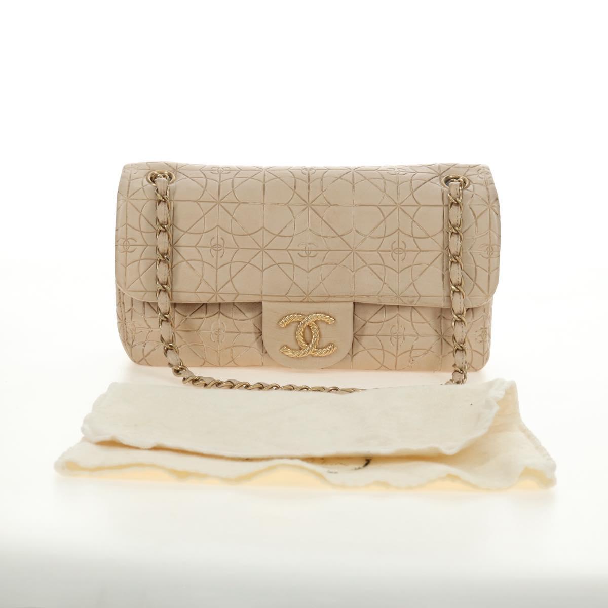 CHANEL Paris Moscou Musique Chain Bag Lamb Skin Beige Gold CC Auth BA13420SM