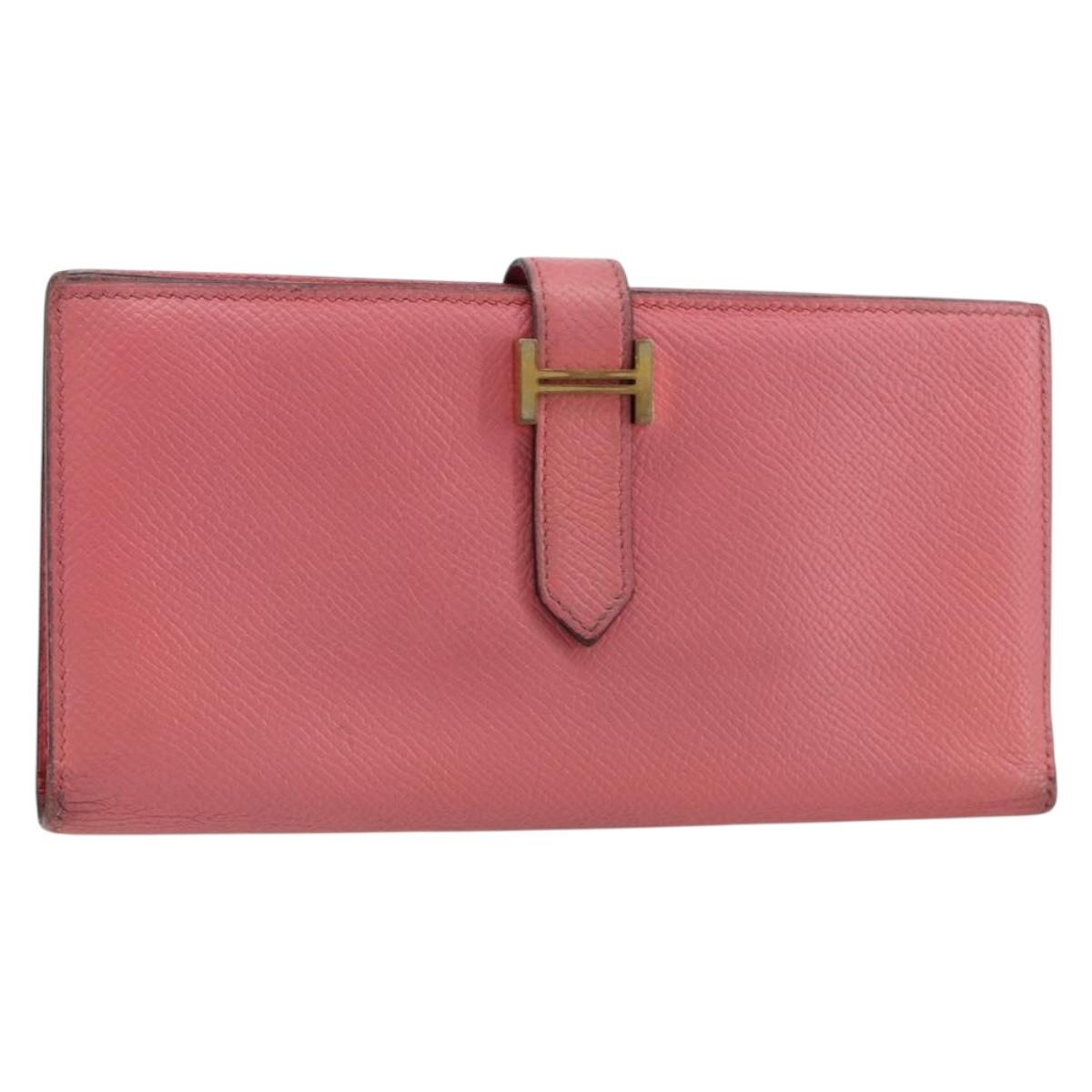 HERMES Bearn Soufflet Wallet Leather Pink Auth BA13430