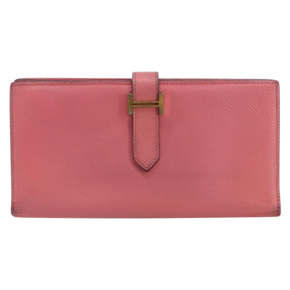 HERMES Bearn Soufflet Wallet Leather Pink Auth BA13430