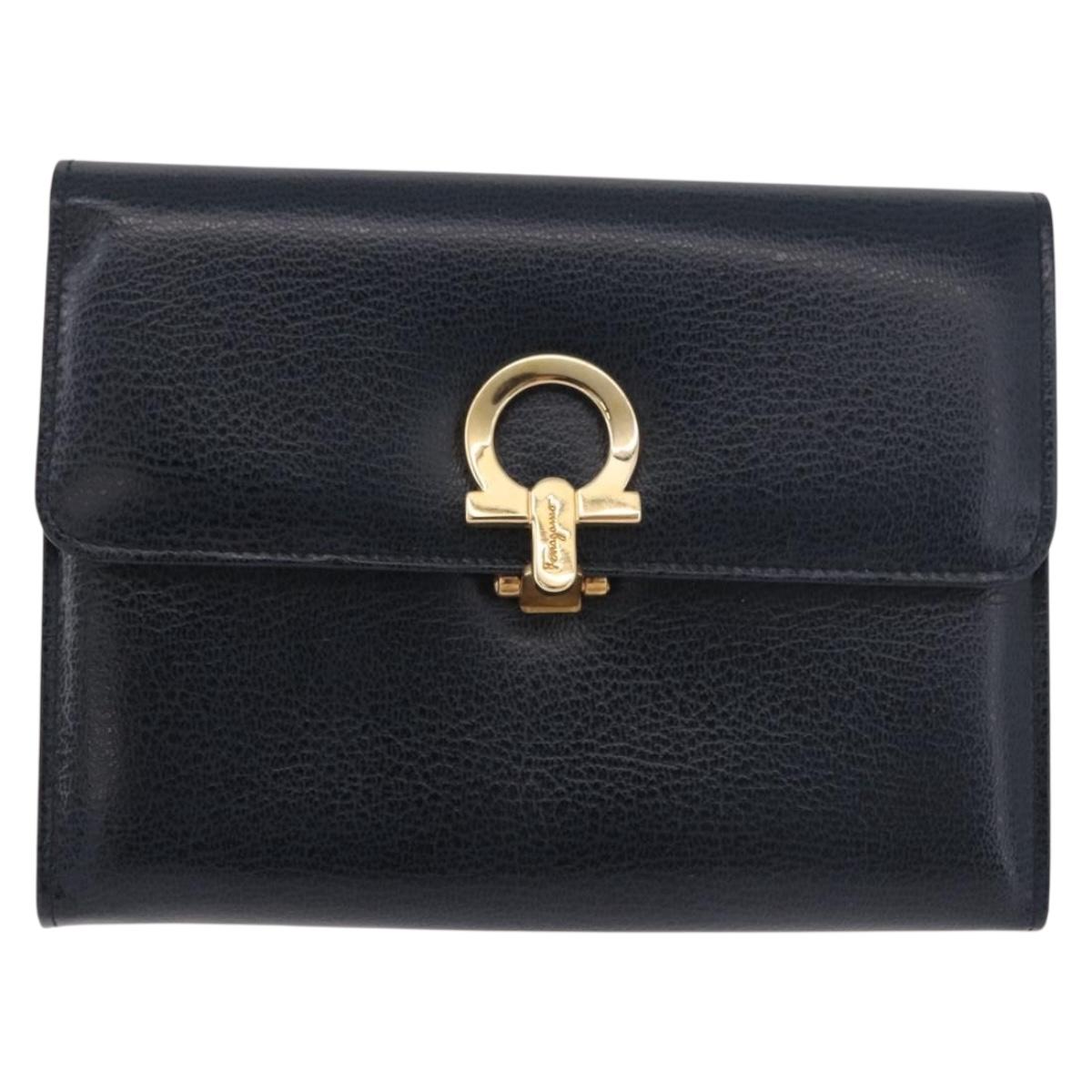 Salvatore Ferragamo Gancini Pouch Leather Navy Gold Auth BA13433A