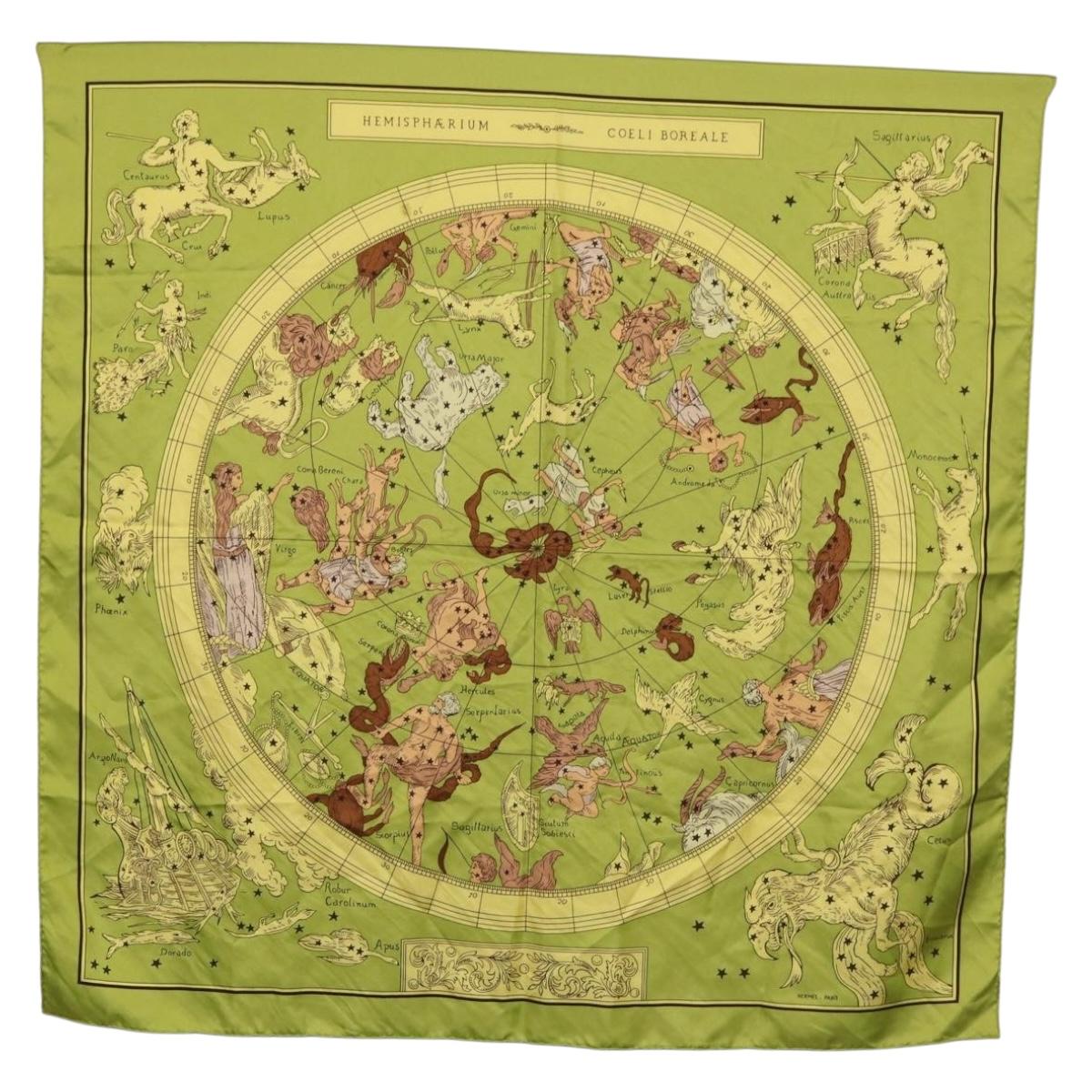 HERMES Carre 90 Scarf ""HEMISPHARIUM COELI BOREALE"" Silk Green Auth BA13445