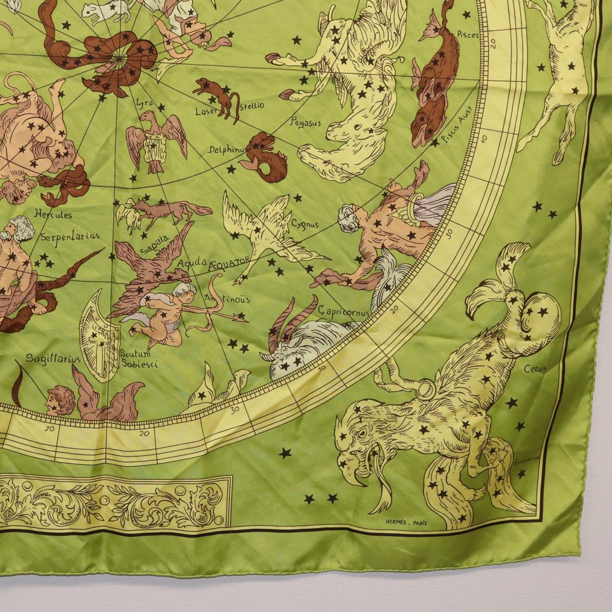HERMES Carre 90 Scarf ""HEMISPHARIUM COELI BOREALE"" Silk Green Auth BA13445