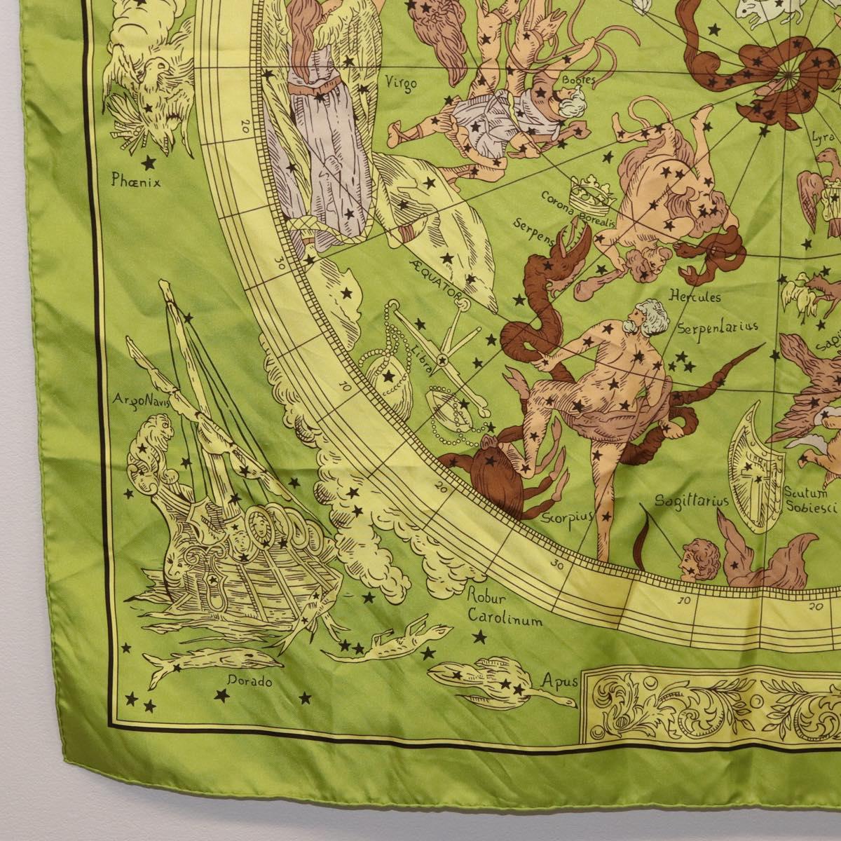 HERMES Carre 90 Scarf ""HEMISPHARIUM COELI BOREALE"" Silk Green Auth BA13445