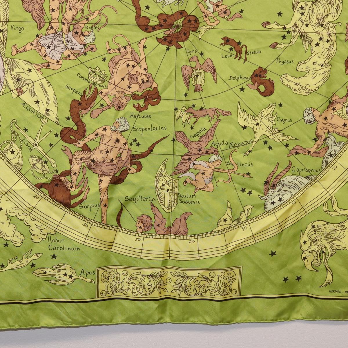 HERMES Carre 90 Scarf ""HEMISPHARIUM COELI BOREALE"" Silk Green Auth BA13445