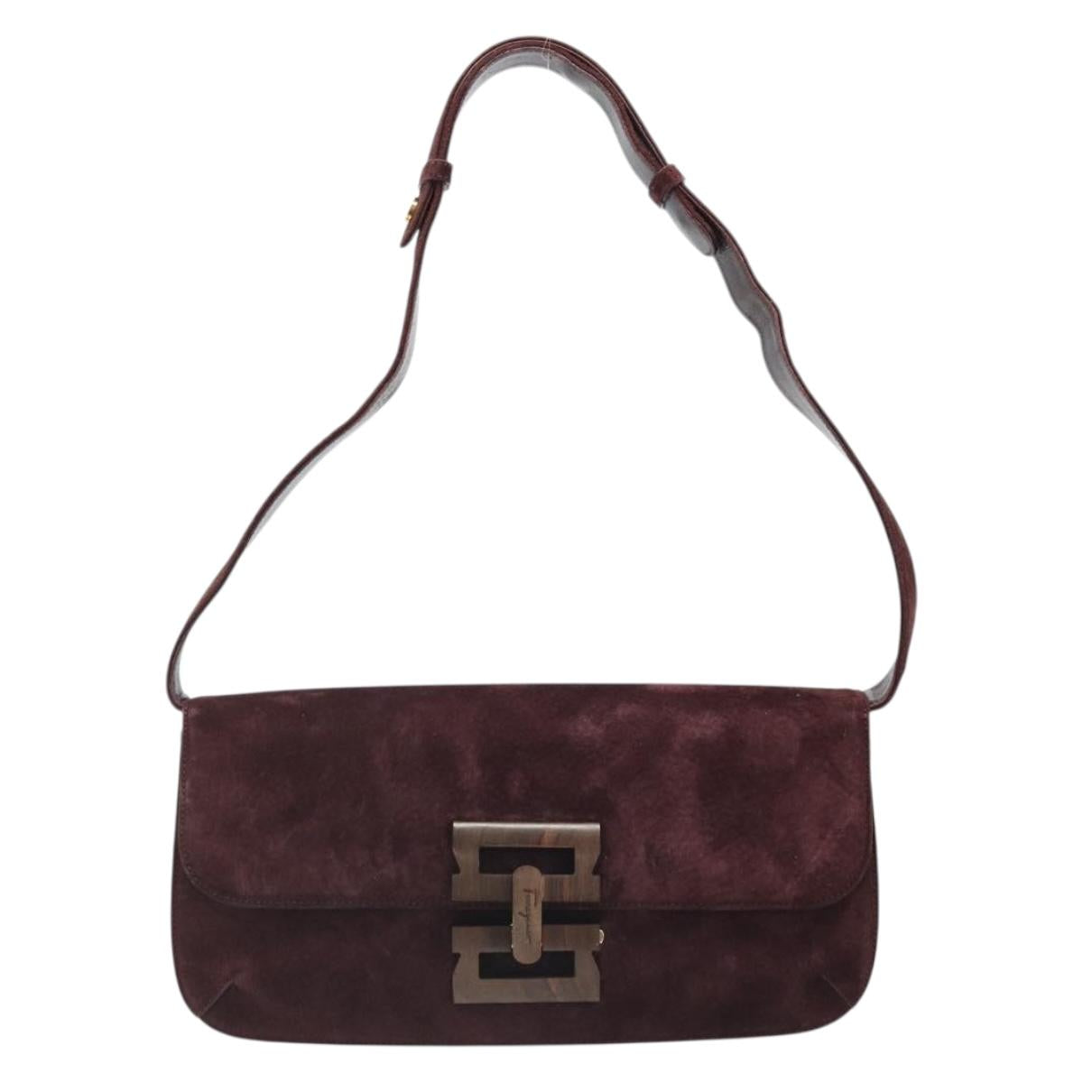Salvatore Ferragamo Shoulder Bag Suede Bordeaux Gold Auth BA13454A