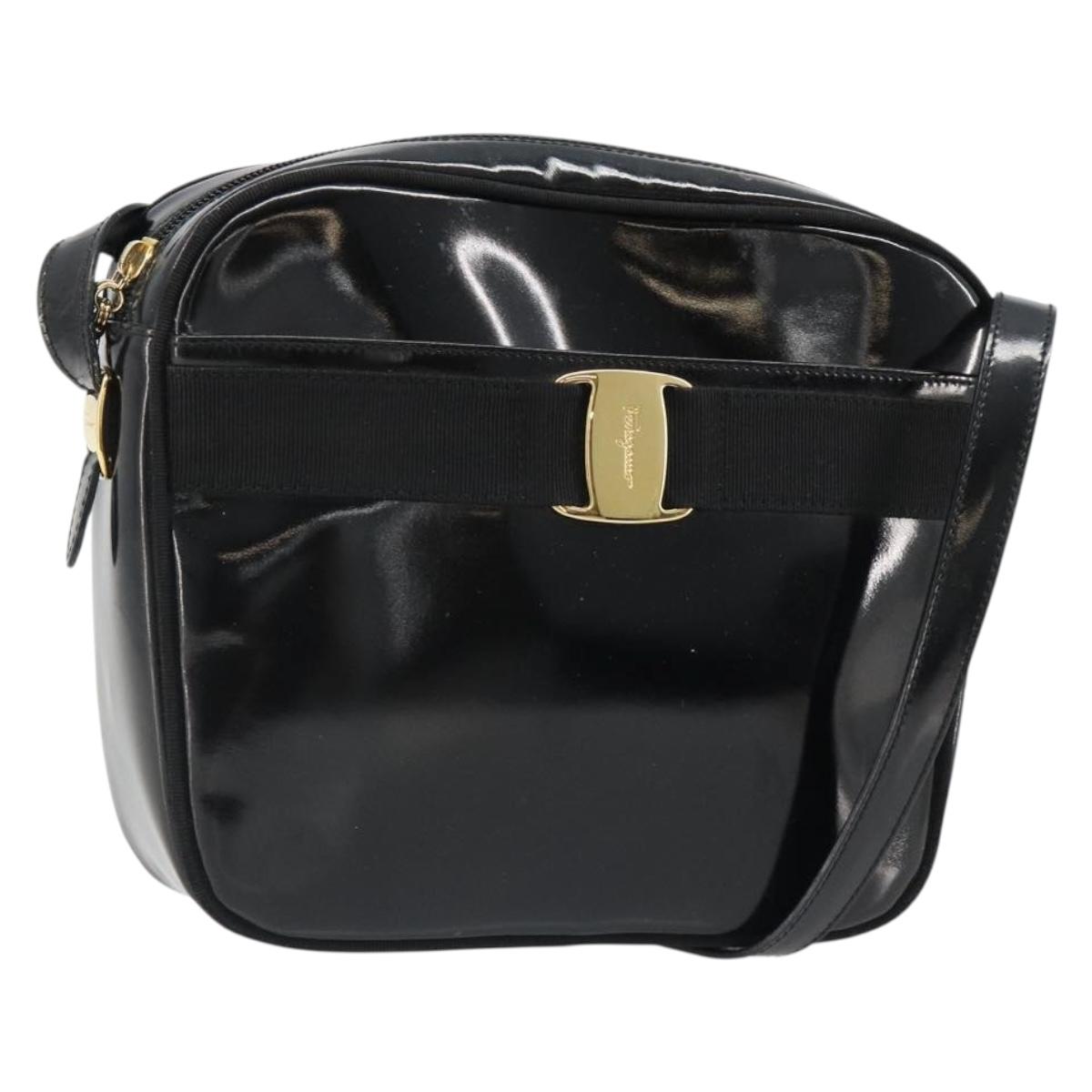 Salvatore Ferragamo Shoulder Bag Patent Leather Black Gold Auth BA13465