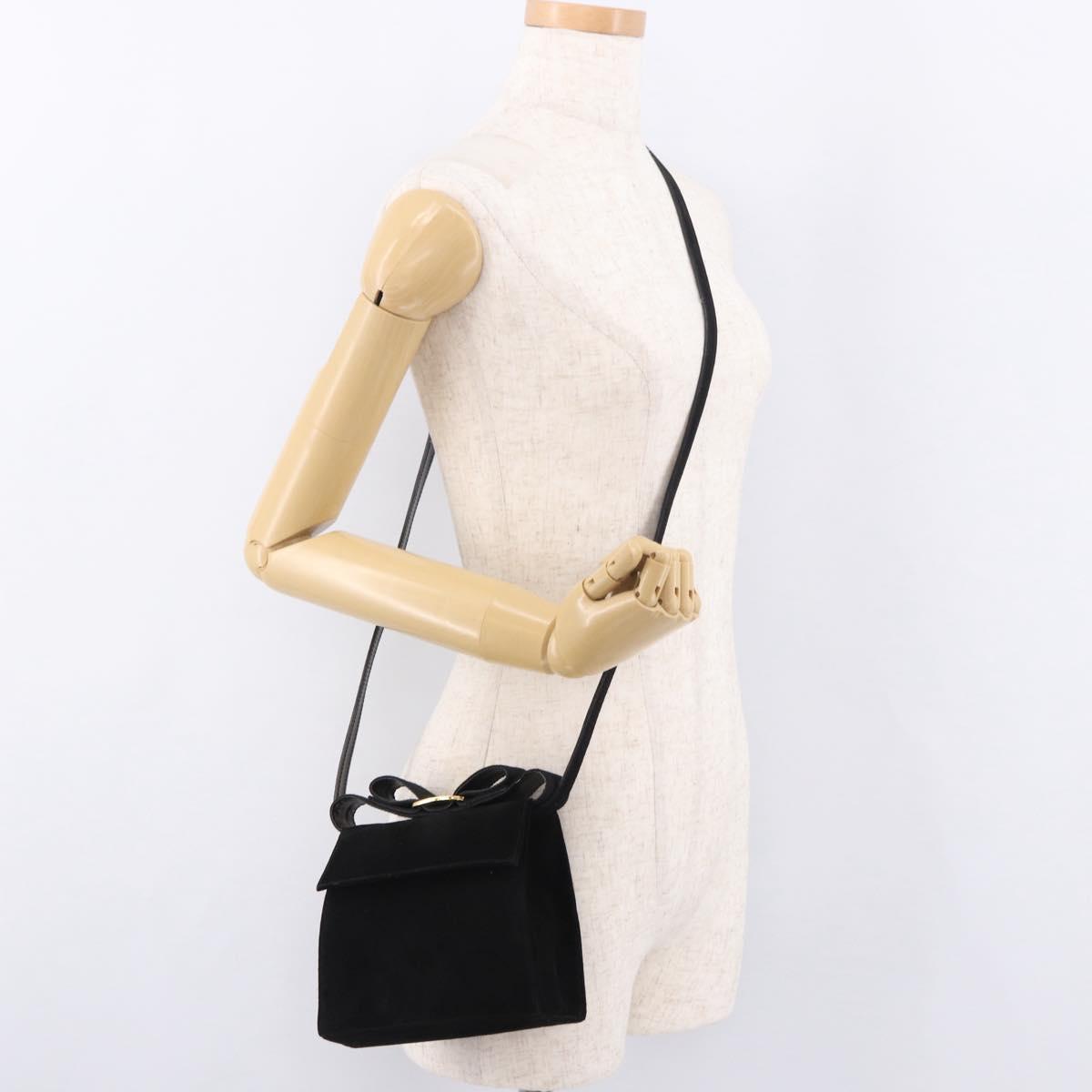 Salvatore Ferragamo Vara Ribbon Hand Bag Suede 2way Black Gold Auth BA13469