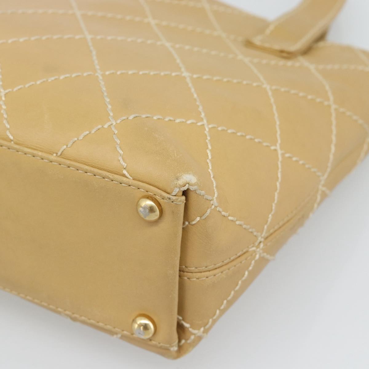 CHANEL Wild Stitch Hand Bag Leather Beige Gold CC Auth BA13478A