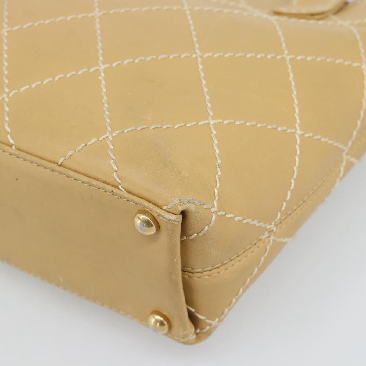 CHANEL Wild Stitch Hand Bag Leather Beige Gold CC Auth BA13478A
