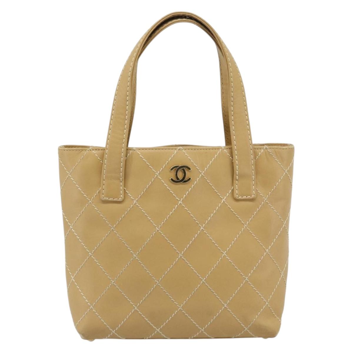 CHANEL Wild Stitch Hand Bag Leather Beige Gold CC Auth BA13478A