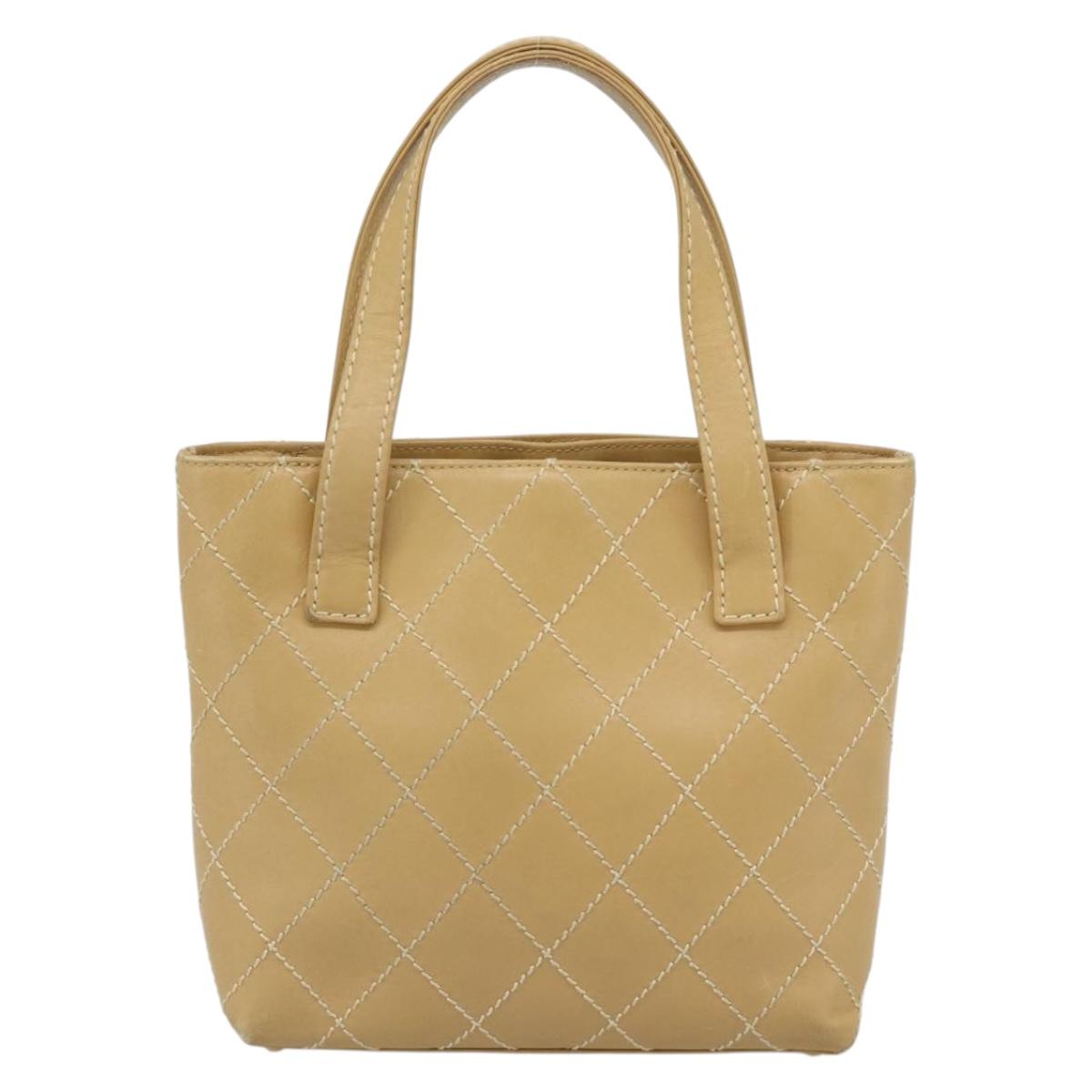 CHANEL Wild Stitch Hand Bag Leather Beige Gold CC Auth BA13478A