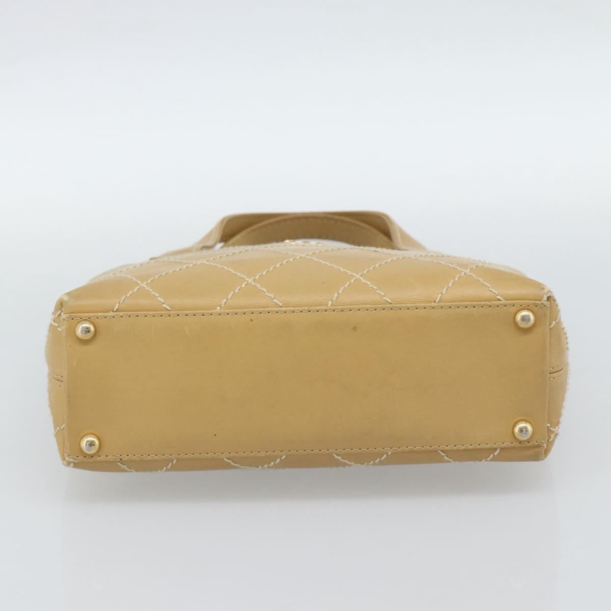 CHANEL Wild Stitch Hand Bag Leather Beige Gold CC Auth BA13478A