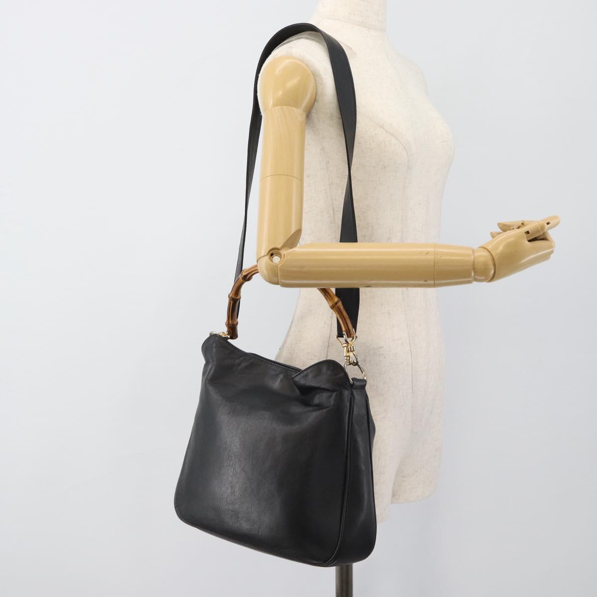 GUCCI Bamboo Hand Bag Leather 2way Black Gold 000 1448 1638 Auth BA13487