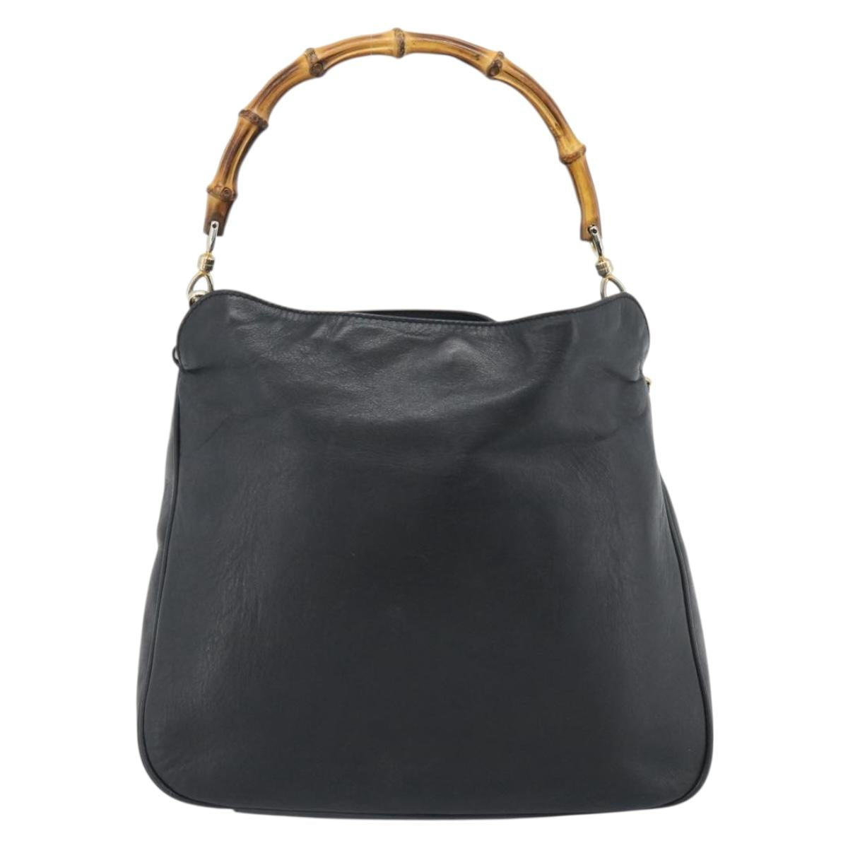 GUCCI Bamboo Hand Bag Leather 2way Black Gold 000 1448 1638 Auth BA13487