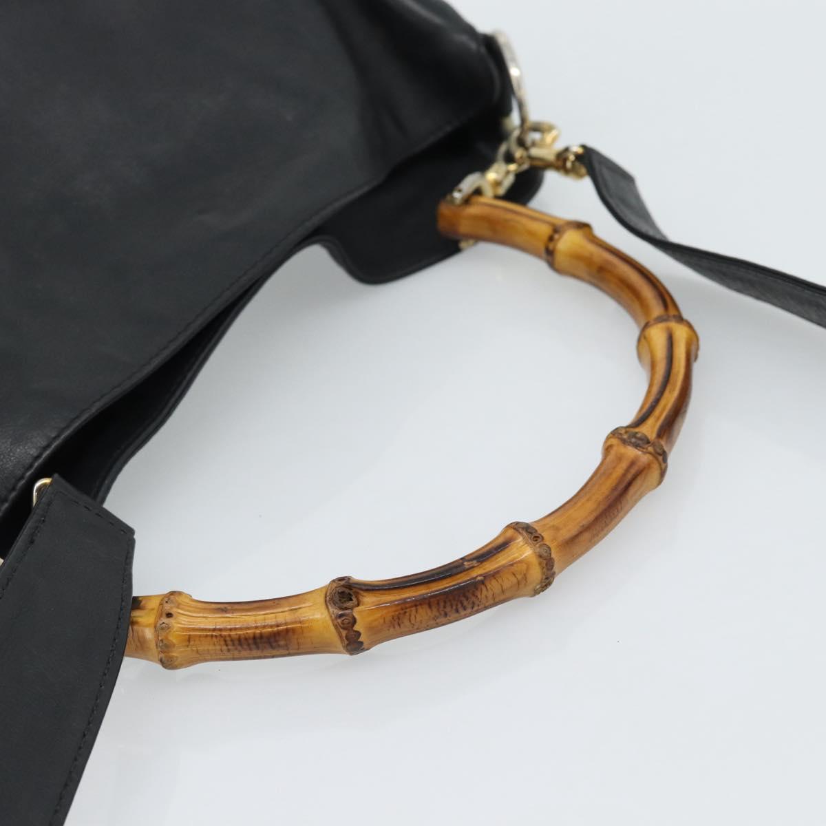 GUCCI Bamboo Hand Bag Leather 2way Black Gold 000 1448 1638 Auth BA13487