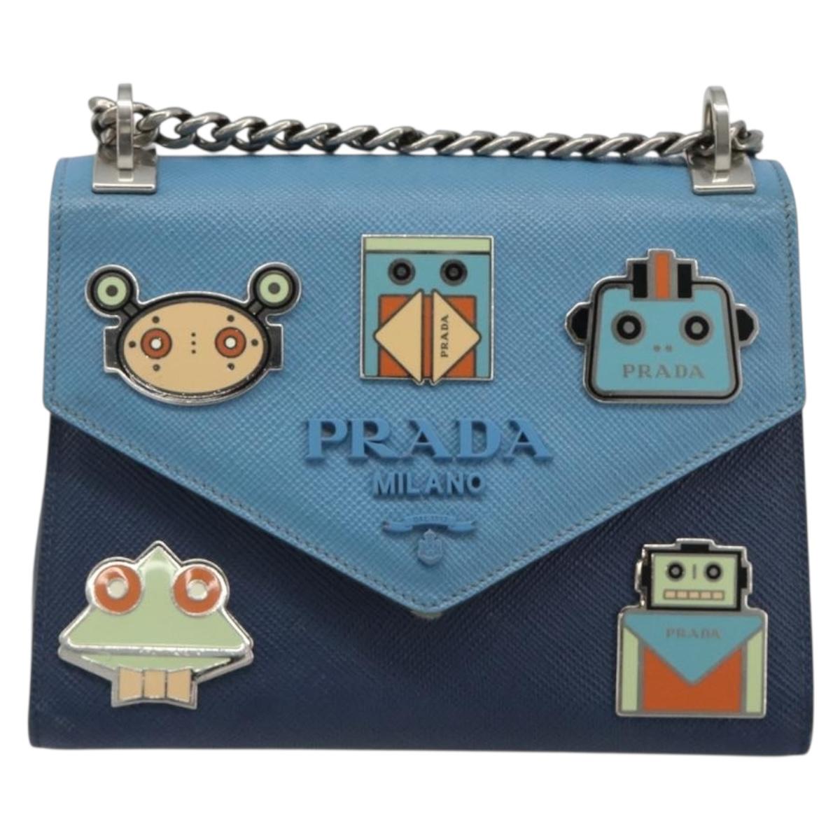 PRADA Chain Shoulder Bag Safiano leather Blue Silver Auth BA13489V