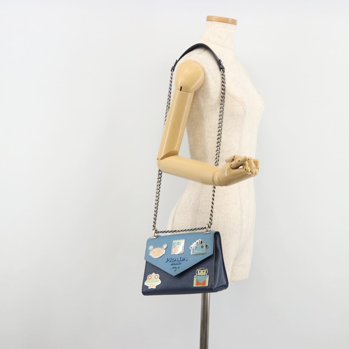 PRADA Chain Shoulder Bag Safiano leather Blue Silver Auth BA13489V