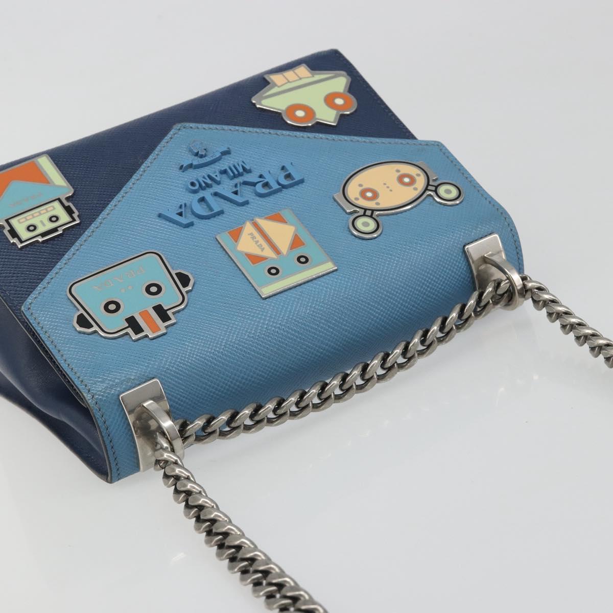 PRADA Chain Shoulder Bag Safiano leather Blue Silver Auth BA13489V