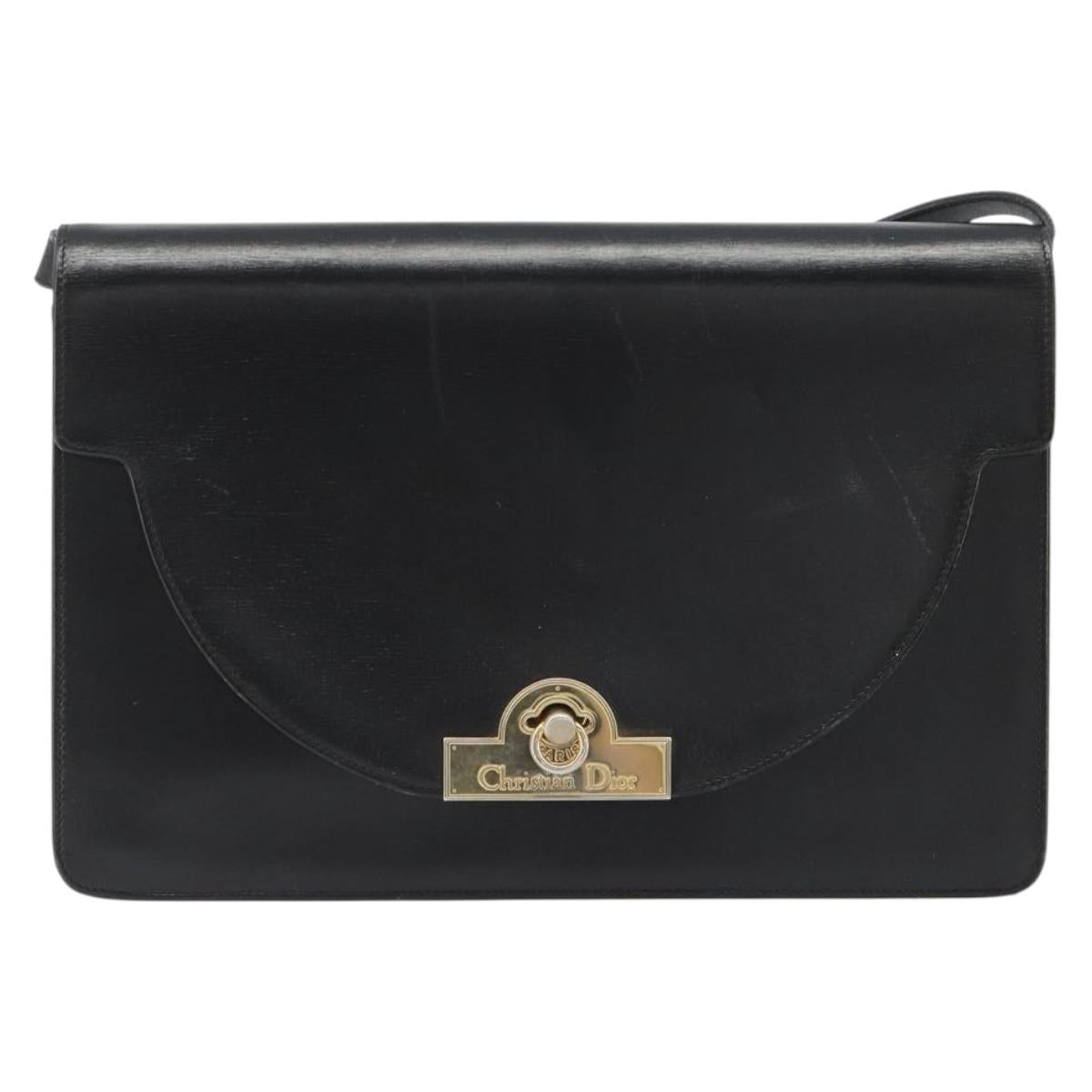 Christian Dior Shoulder Bag Leather Black Gold Auth BA13501