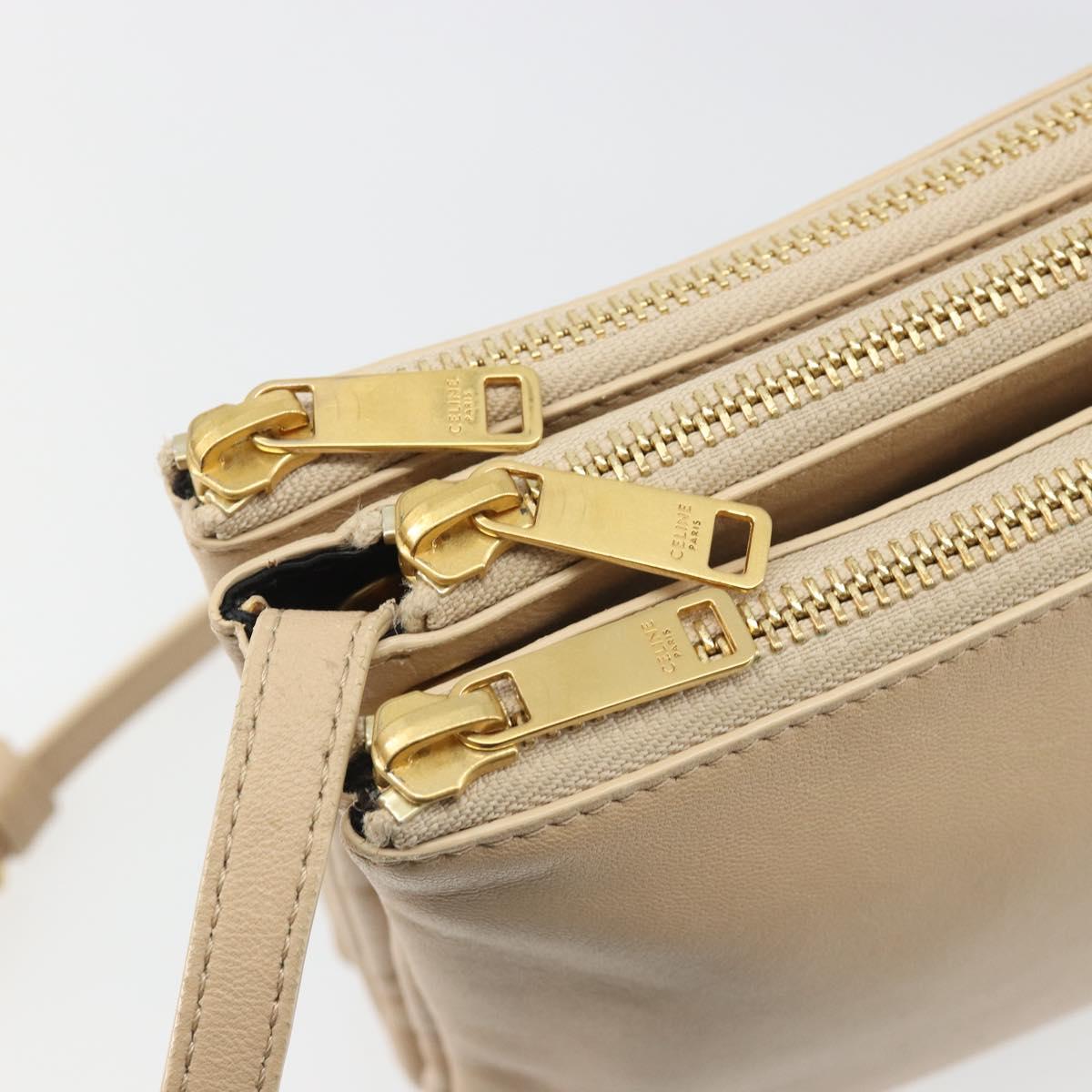CELINE Trio Shoulder Bag Leather Beige Gold Auth BA13504V