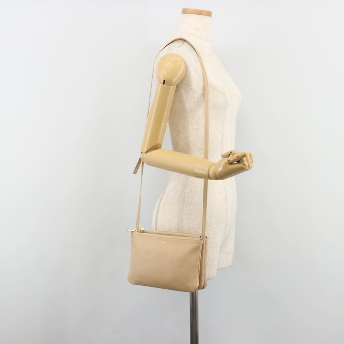 CELINE Trio Shoulder Bag Leather Beige Gold Auth BA13504V