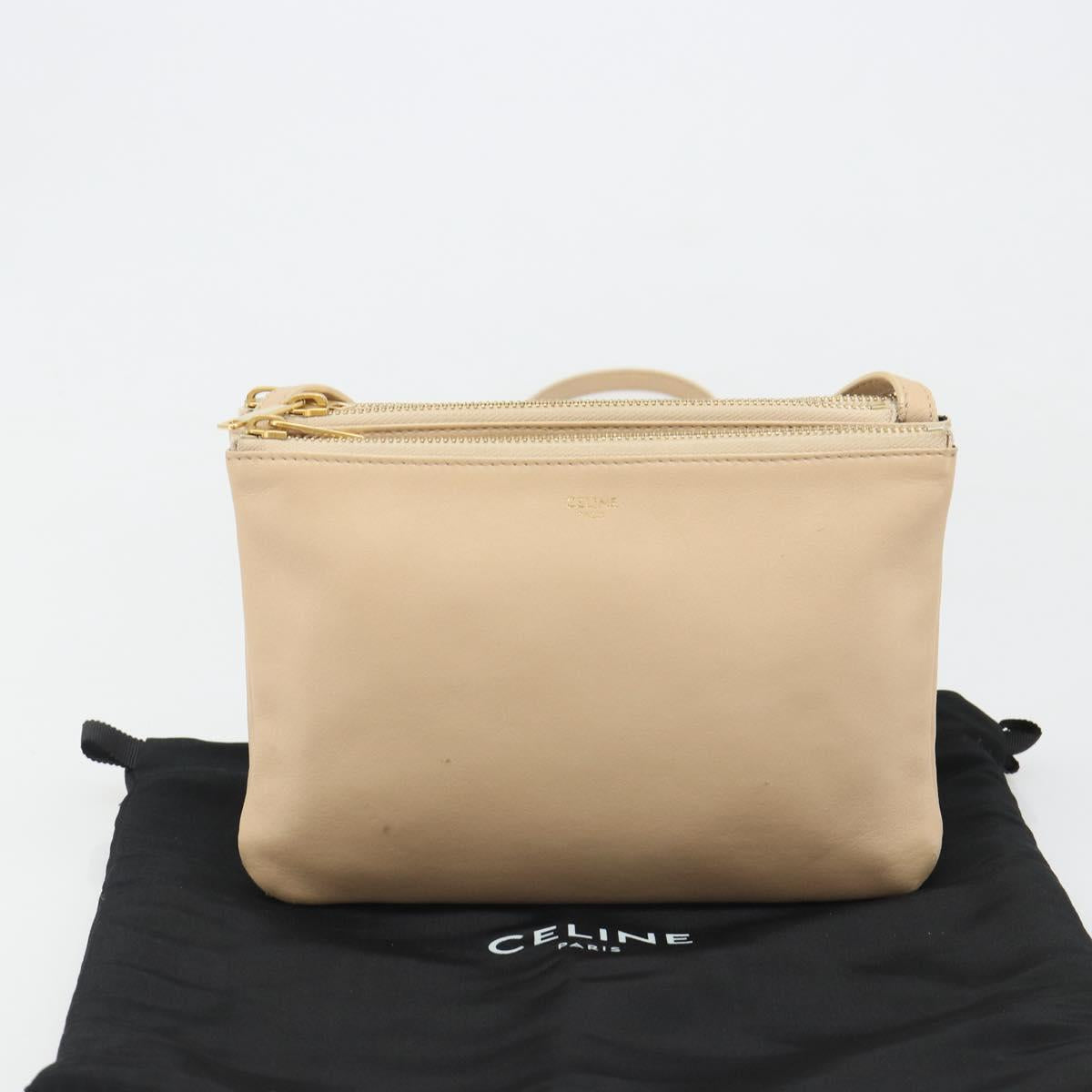 CELINE Trio Shoulder Bag Leather Beige Gold Auth BA13504V