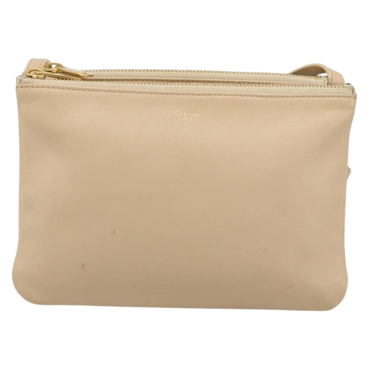 CELINE Trio Shoulder Bag Leather Beige Gold Auth BA13504V