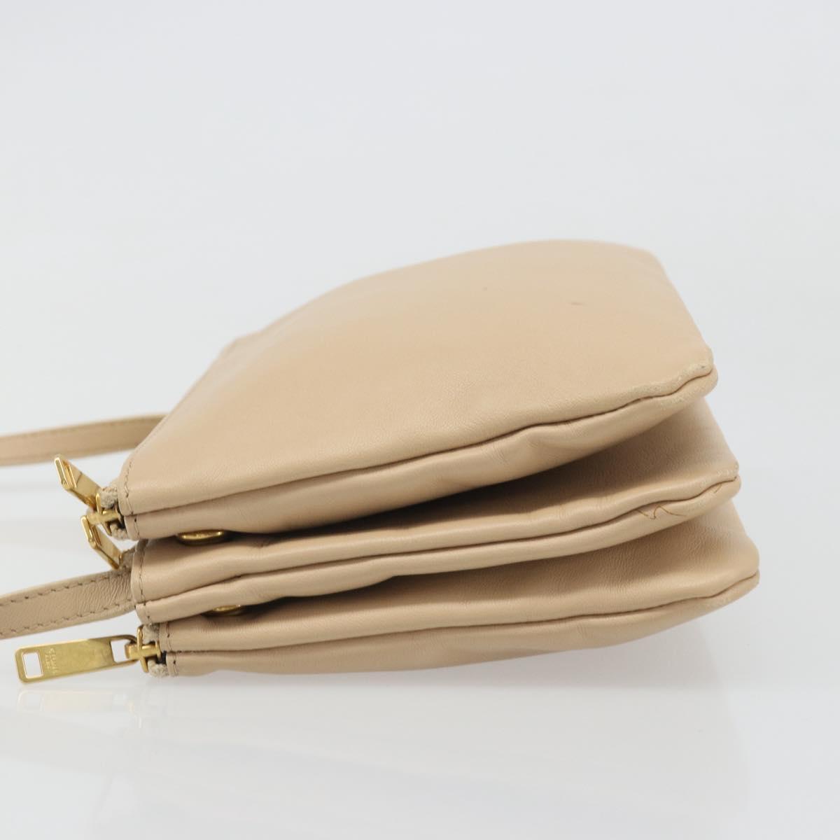 CELINE Trio Shoulder Bag Leather Beige Gold Auth BA13504V