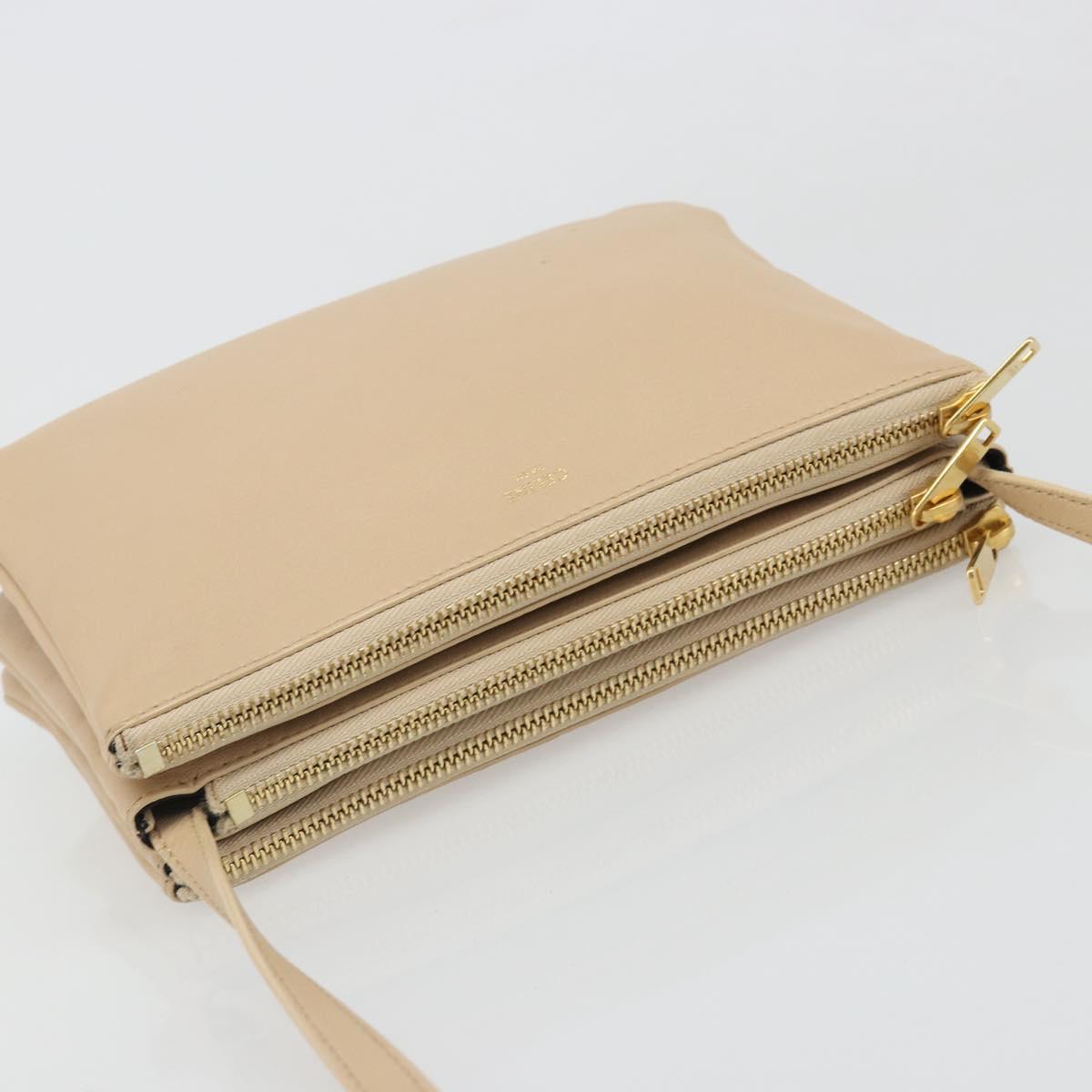 CELINE Trio Shoulder Bag Leather Beige Gold Auth BA13504V
