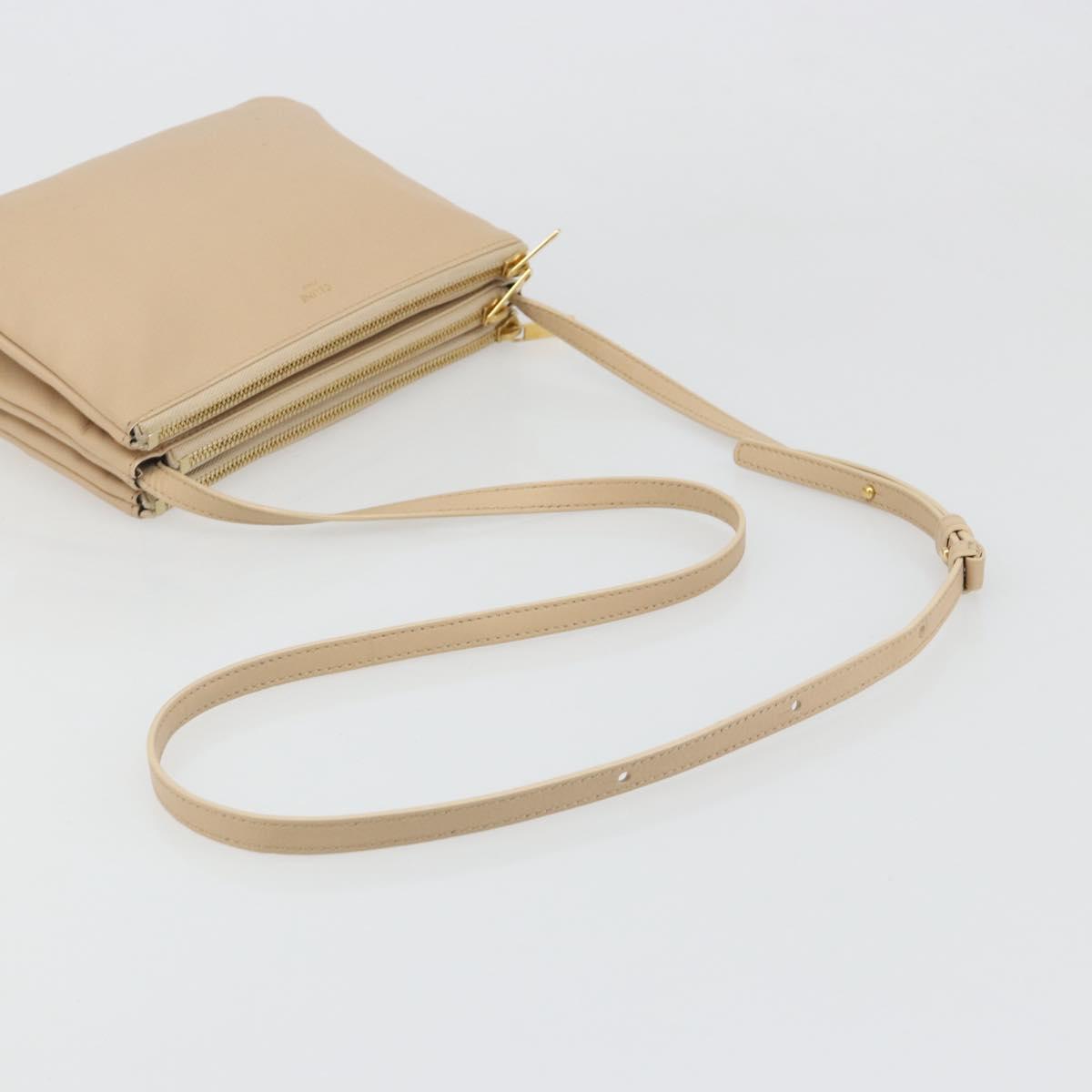 CELINE Trio Shoulder Bag Leather Beige Gold Auth BA13504V