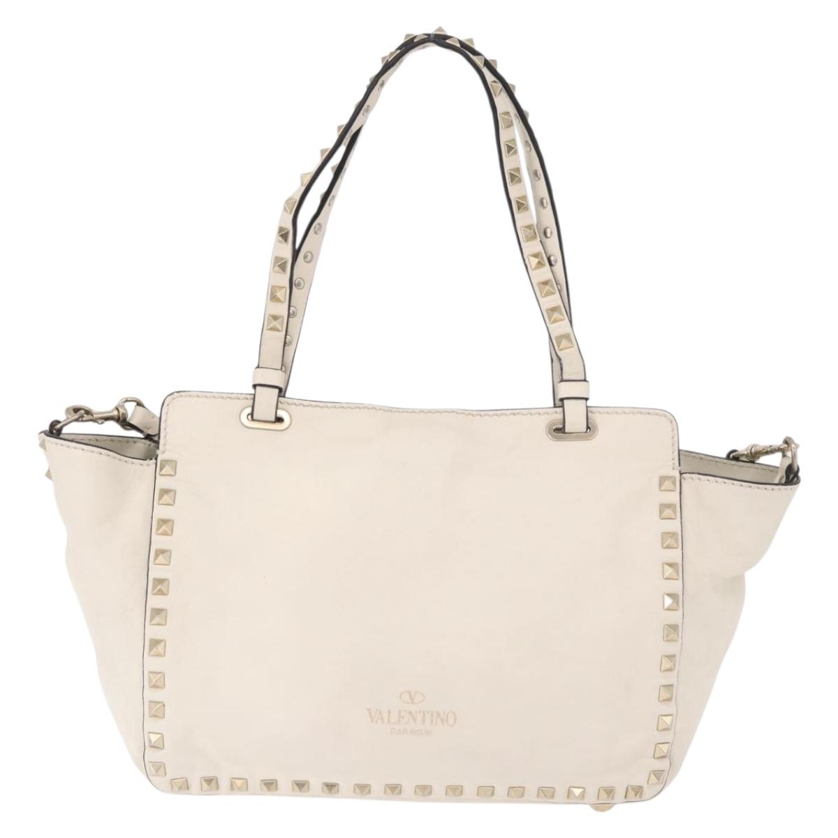 VALENTINO Studs Tote Bag Leather 2way White Gold Auth BA13505