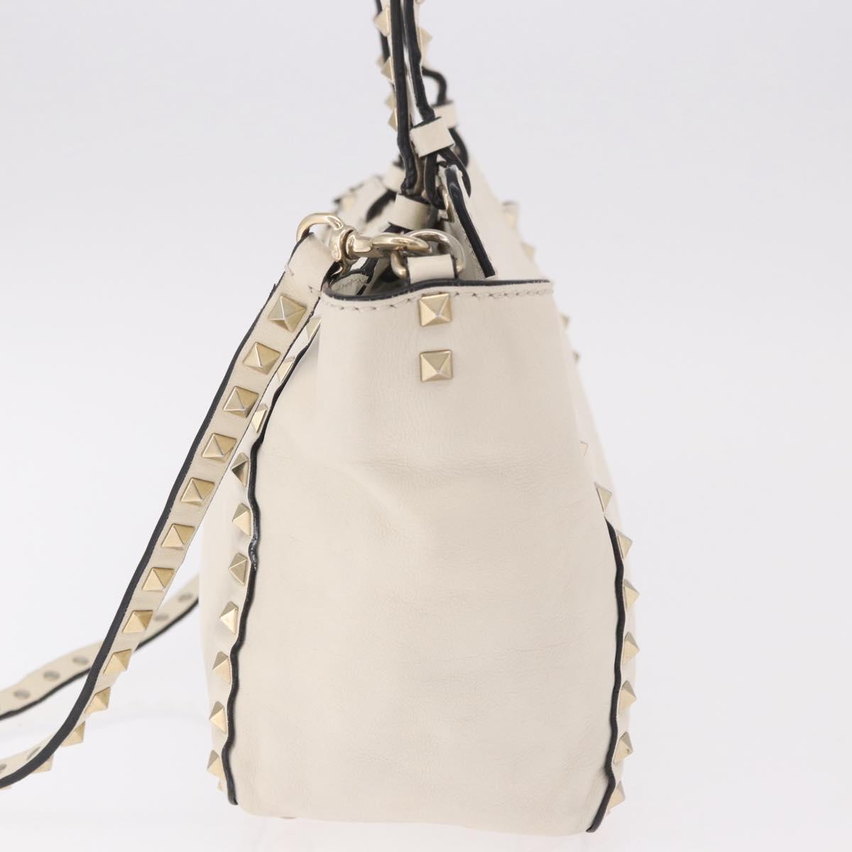 VALENTINO Studs Tote Bag Leather 2way White Gold Auth BA13505