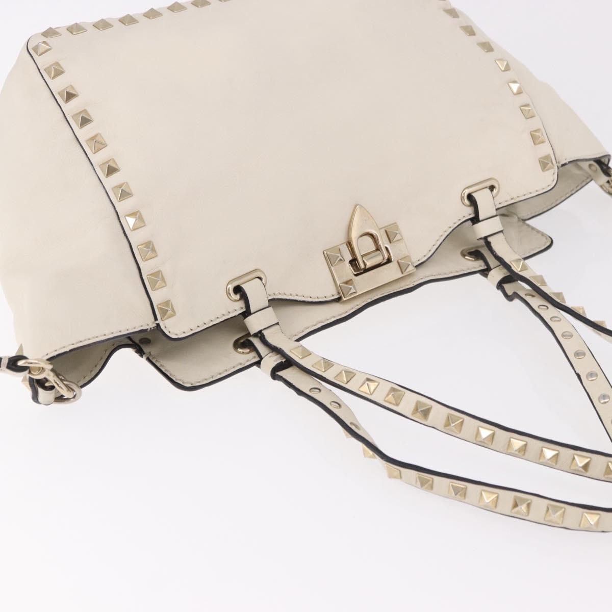 VALENTINO Studs Tote Bag Leather 2way White Gold Auth BA13505