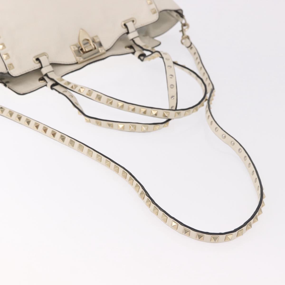 VALENTINO Studs Tote Bag Leather 2way White Gold Auth BA13505