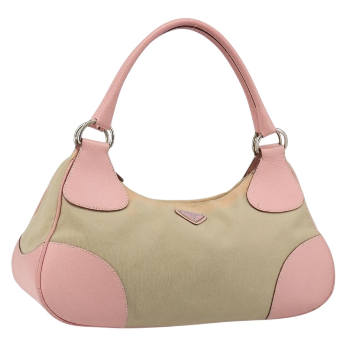 PRADA Hand Bag Canvas Beige Silver Auth BA13510A