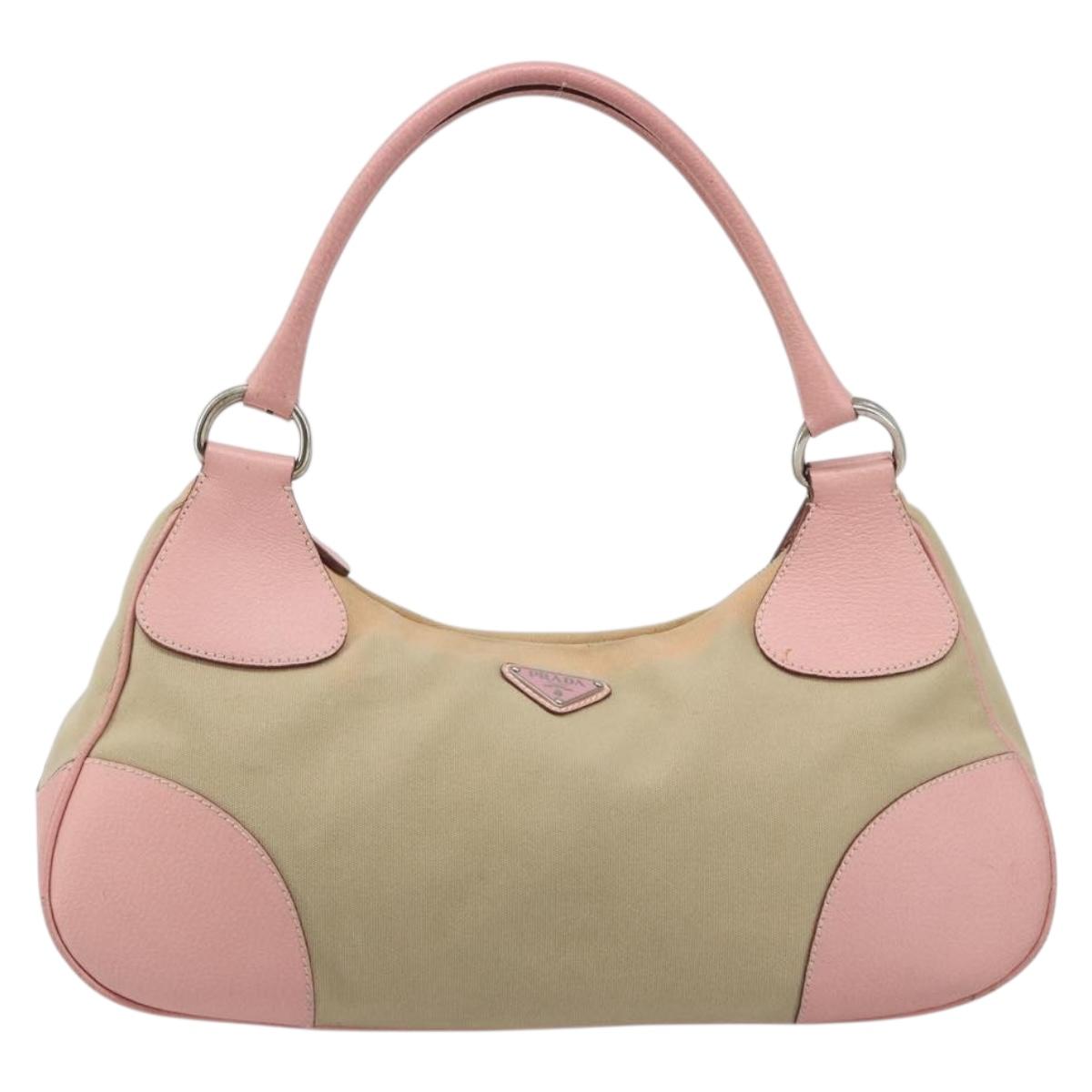 PRADA Hand Bag Canvas Beige Silver Auth BA13510A