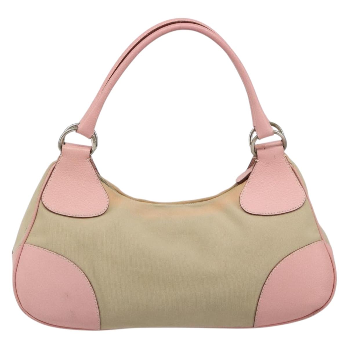 PRADA Hand Bag Canvas Beige Silver Auth BA13510A