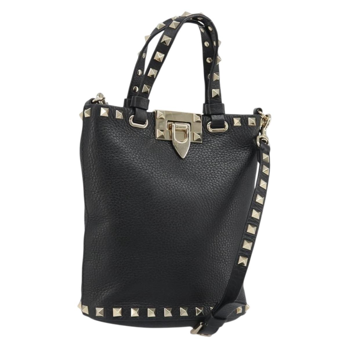 VALENTINO Studs Hand Bag Leather 2way Black Gold Auth BA13515V