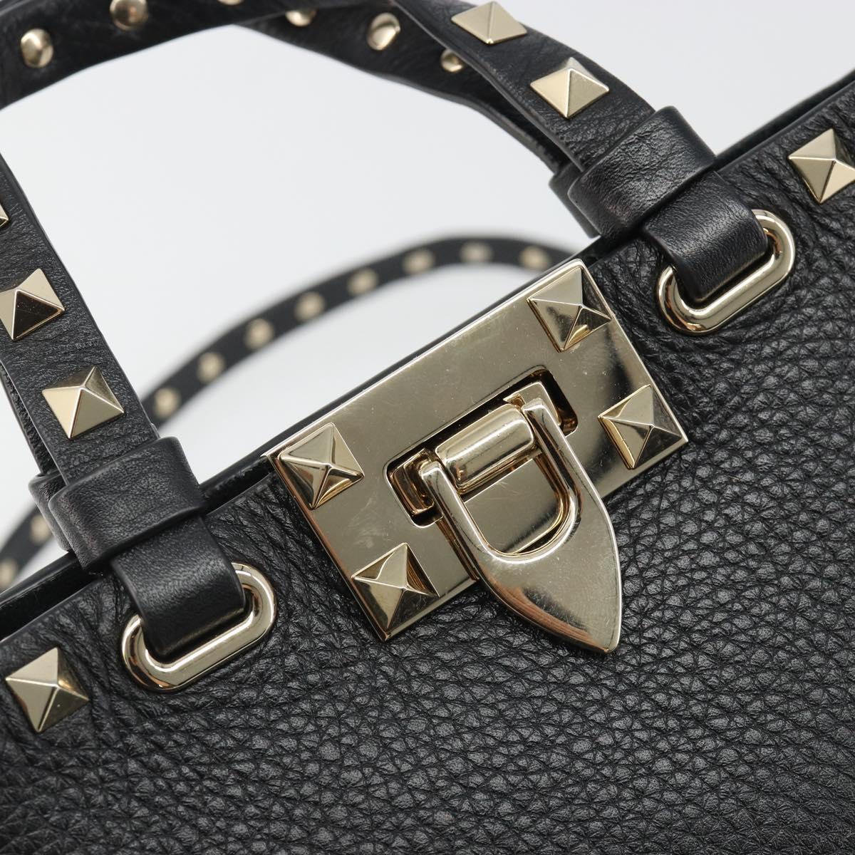 VALENTINO Studs Hand Bag Leather 2way Black Gold Auth BA13515V