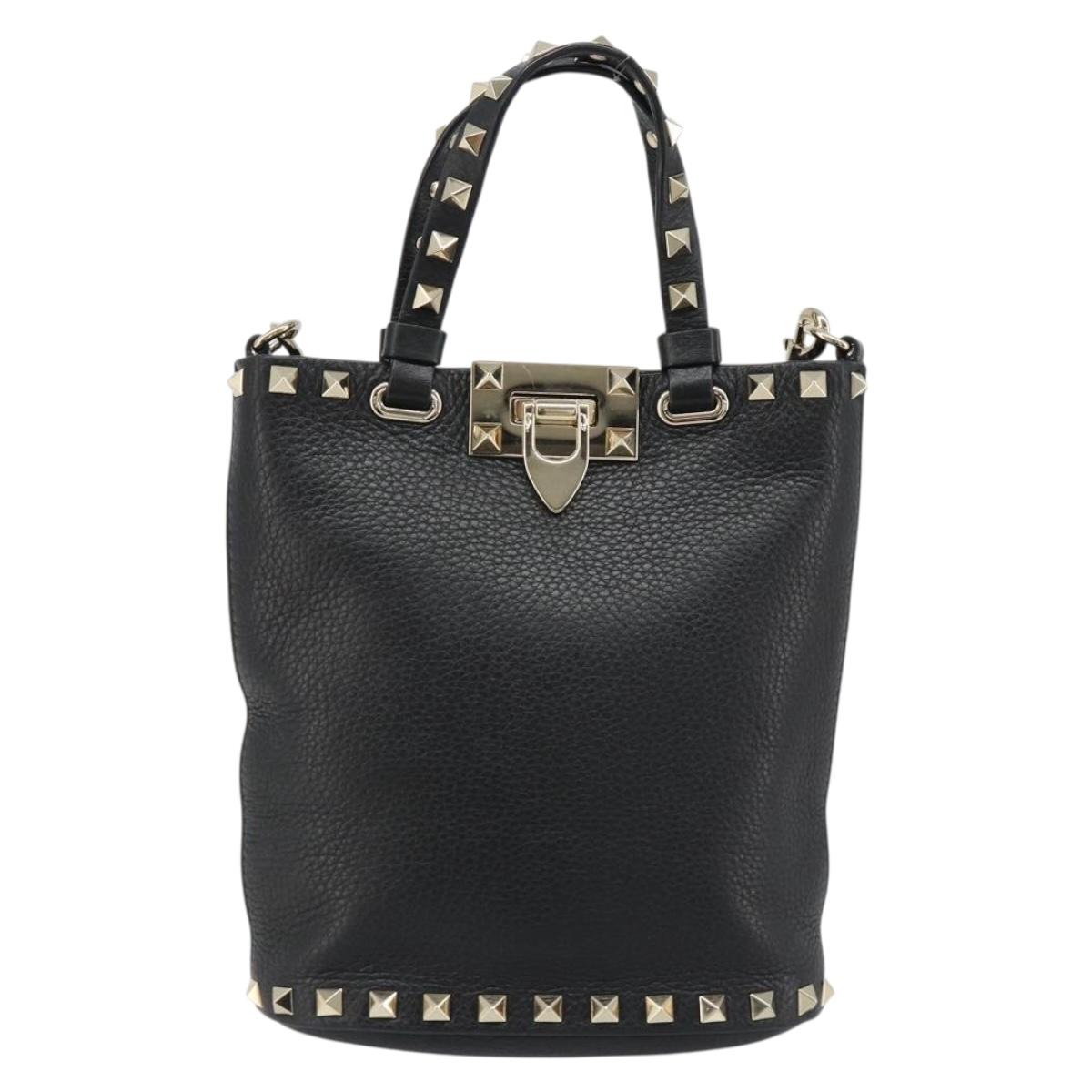 VALENTINO Studs Hand Bag Leather 2way Black Gold Auth BA13515V