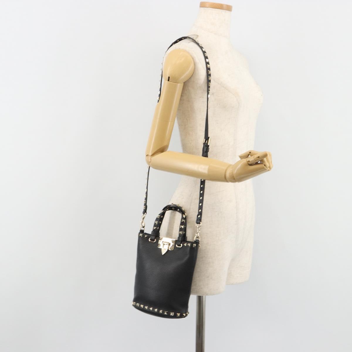 VALENTINO Studs Hand Bag Leather 2way Black Gold Auth BA13515V