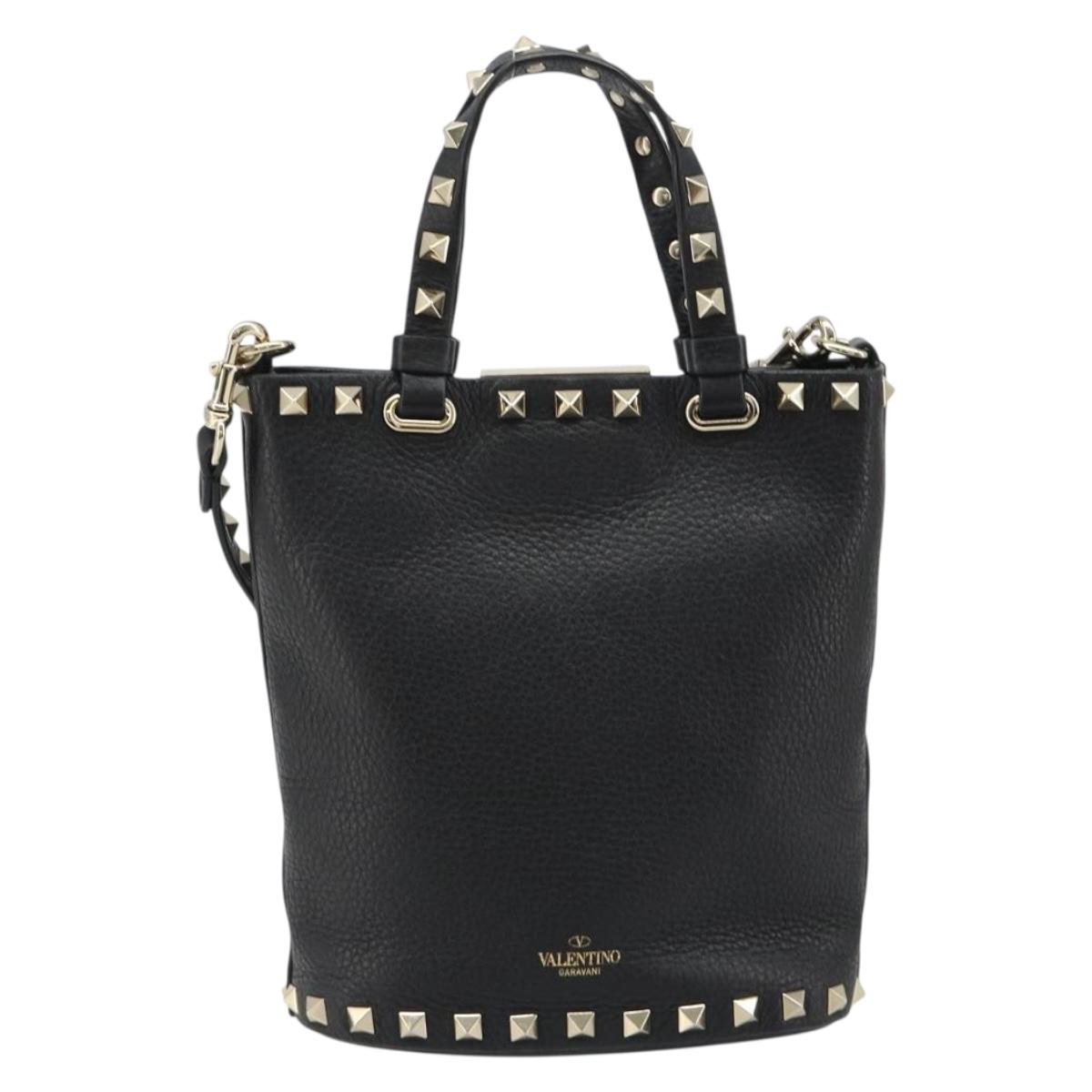 VALENTINO Studs Hand Bag Leather 2way Black Gold Auth BA13515V